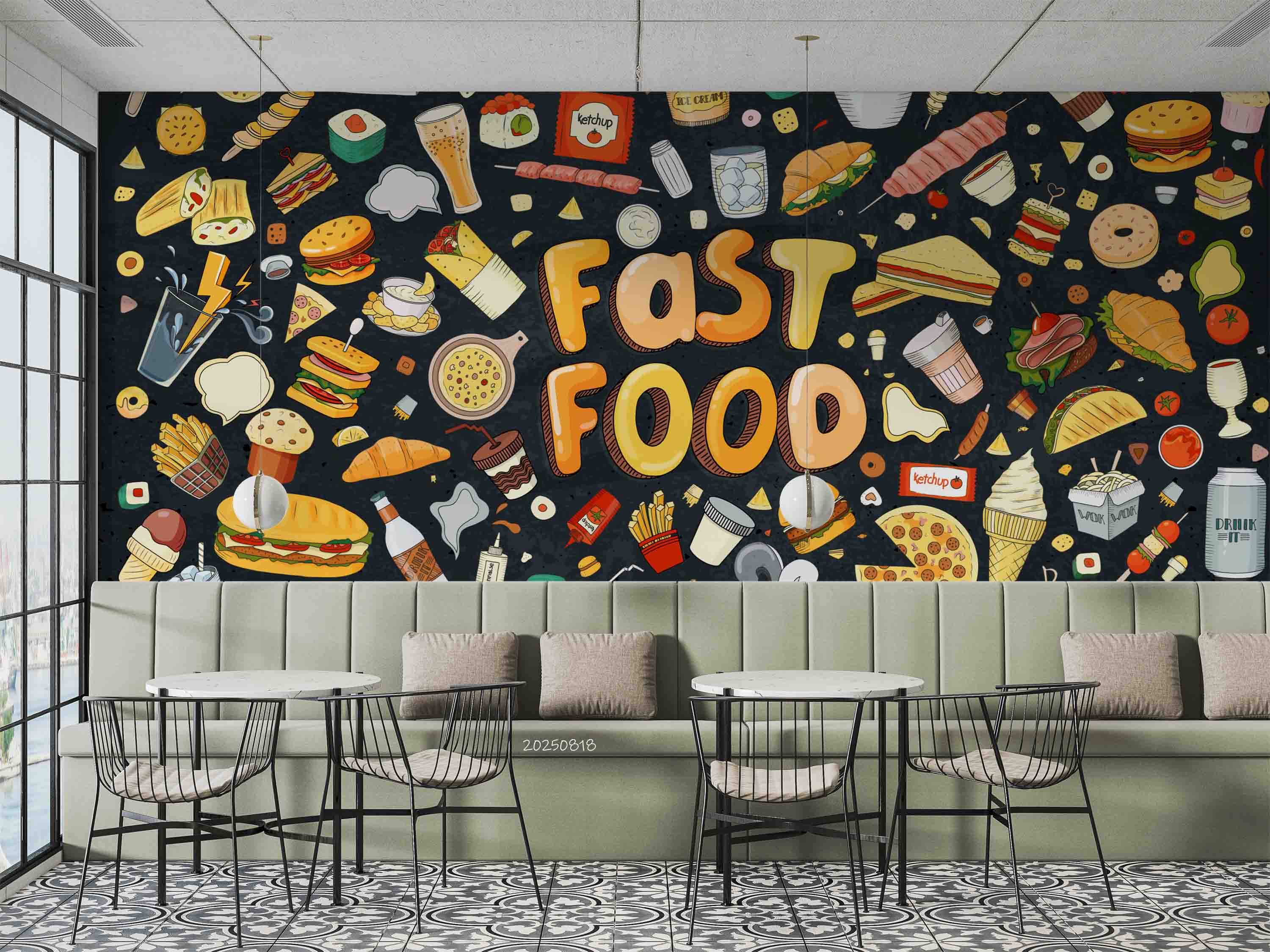 3D Restaurant Snack Bar Diner Fast Food Hamburger Cips Hot Dog Wall Mural Wallpaper 6