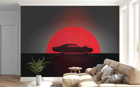 3D Classic Vintage American Muscle Car Sunset Silhouette Wall Mural Wallpaper GD 4914- Jess Art Decoration