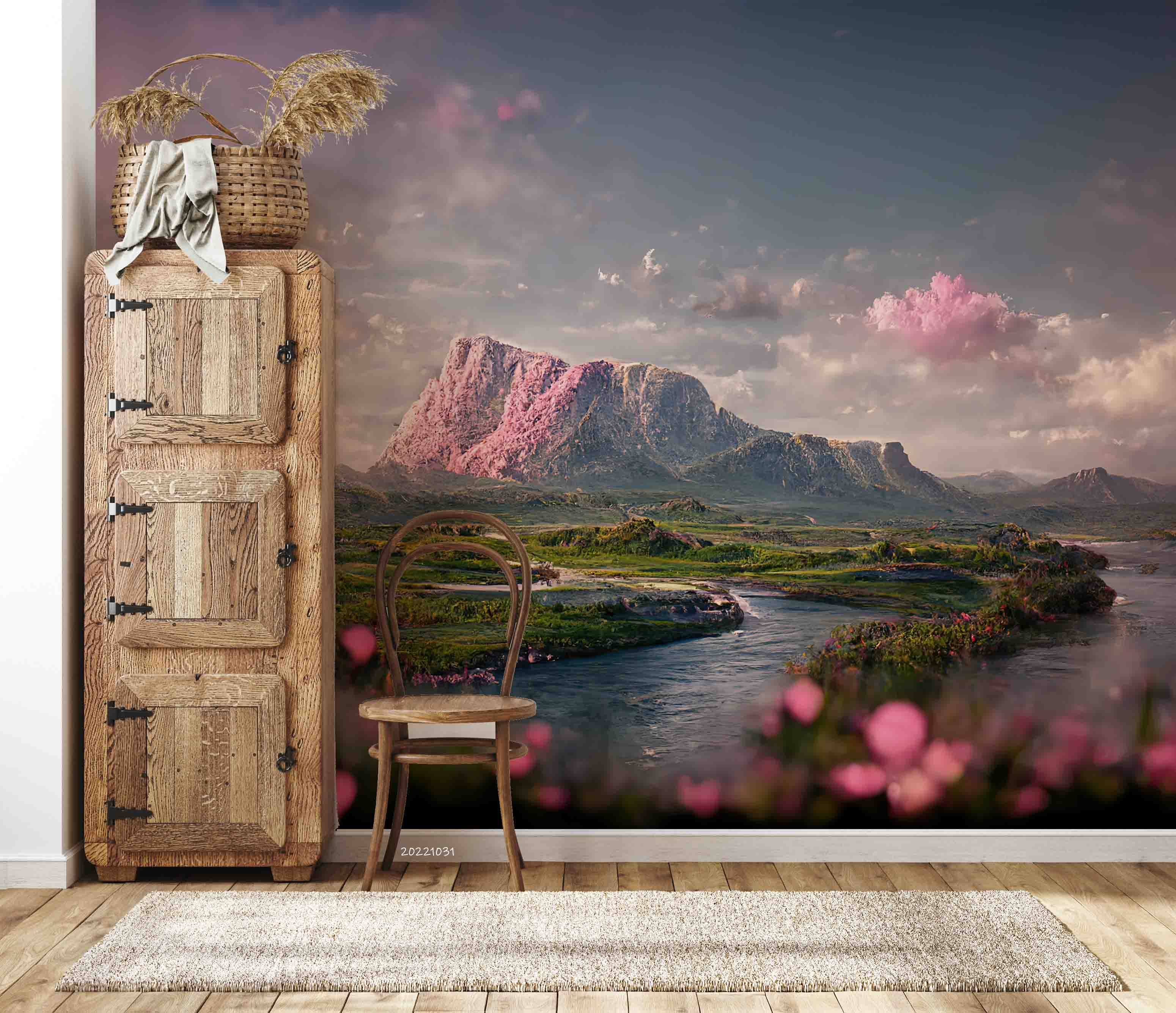 3D Morning Sea Mountain Rock Green Grass Flower Pink Sky Wall Mural Wallpaper GD 3098- Jess Art Decoration