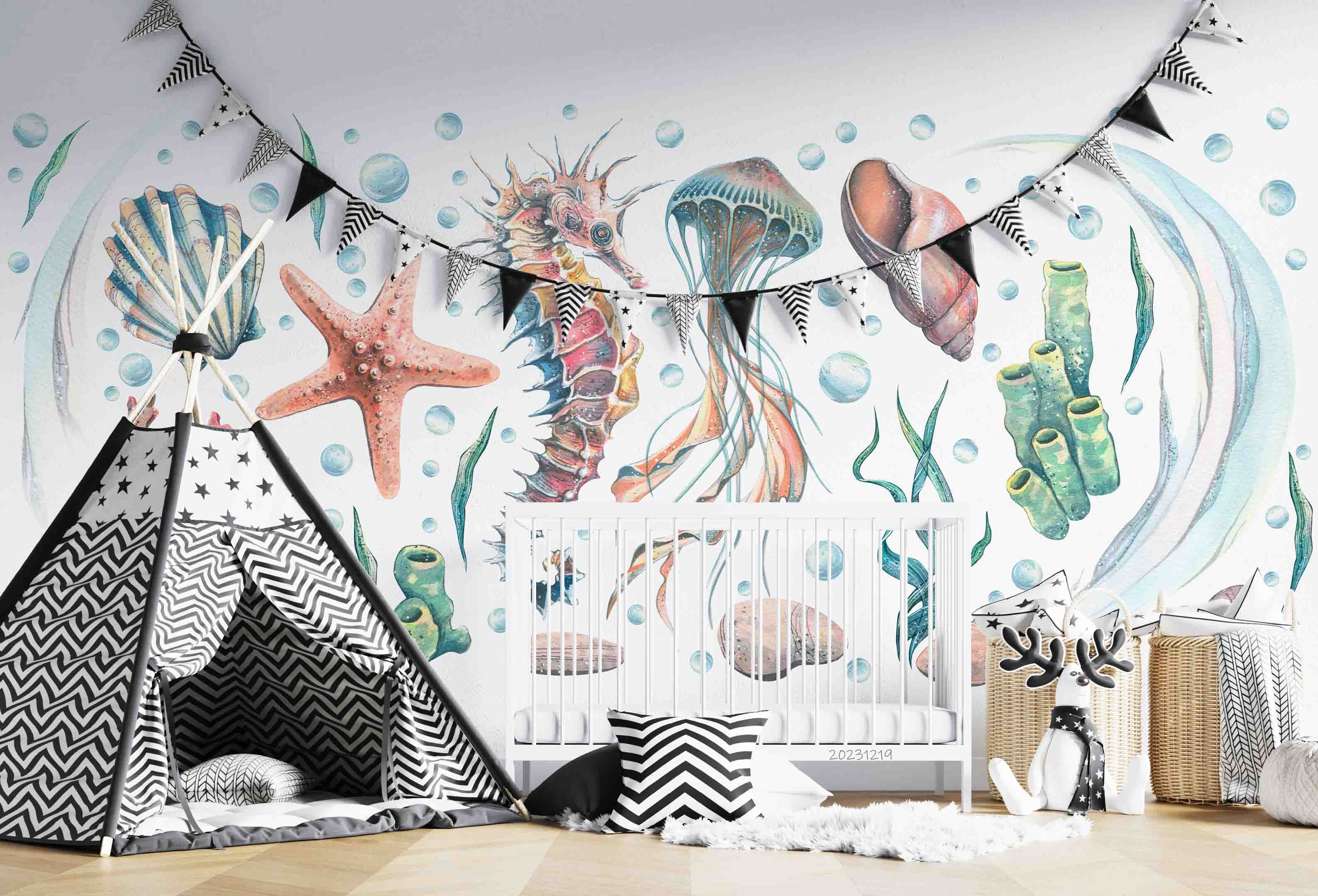 3D Animal Starfish Coral Sea Horse Octopus Shell Wall Mural Wallpaper YXL 18