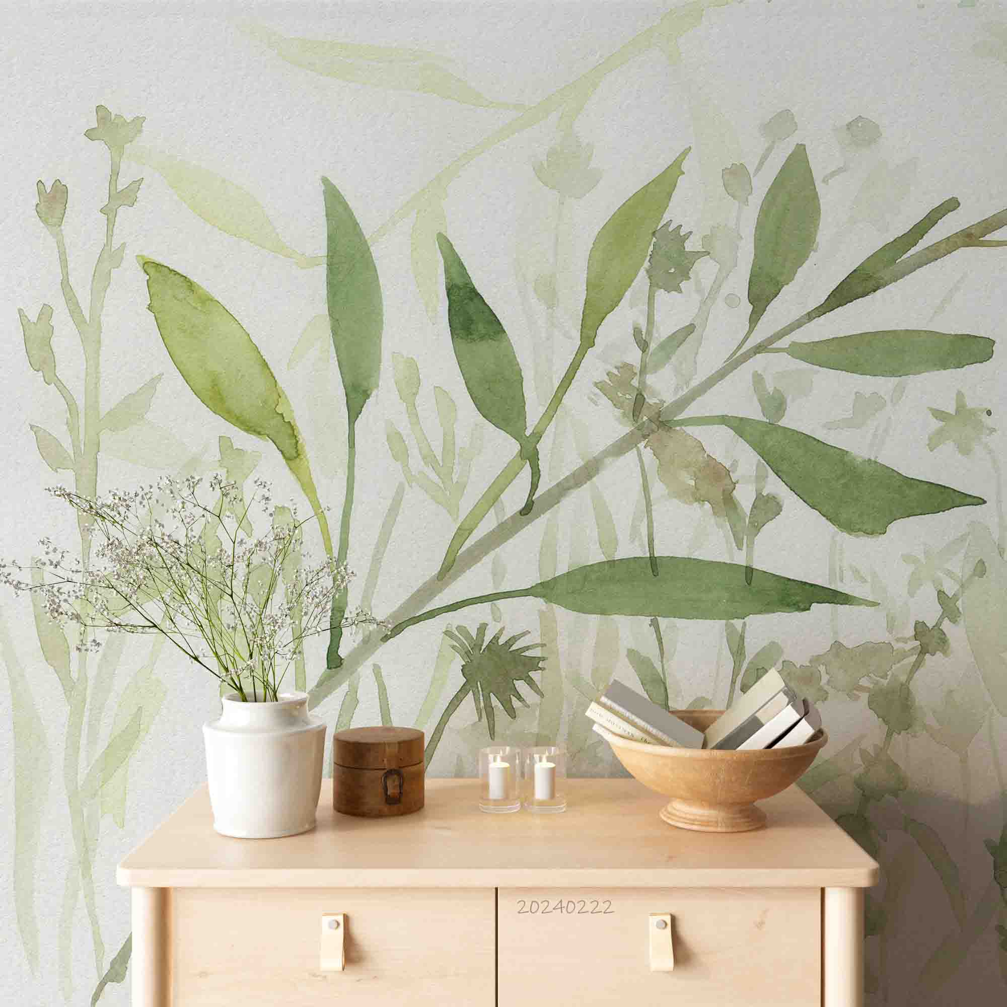 3D Watercolor Green Leaf Wallpaper Wall Mural Wall Decor Wall Art Wall Sticker Remoable Wallpaper LQH