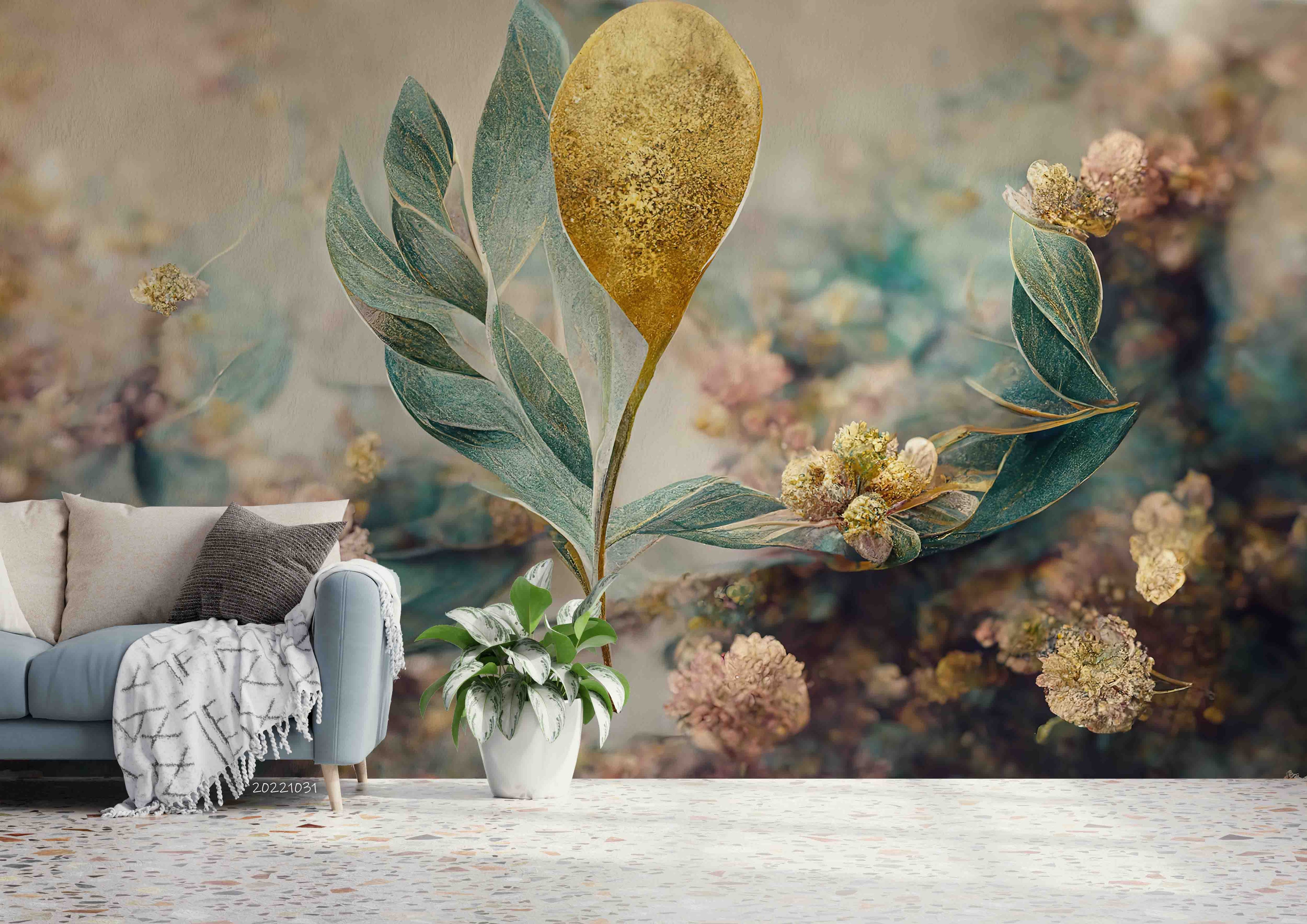3D Elegant Branch Gold Leaf Floral Pattern Wall Mural Wallpaper GD 3097- Jess Art Decoration
