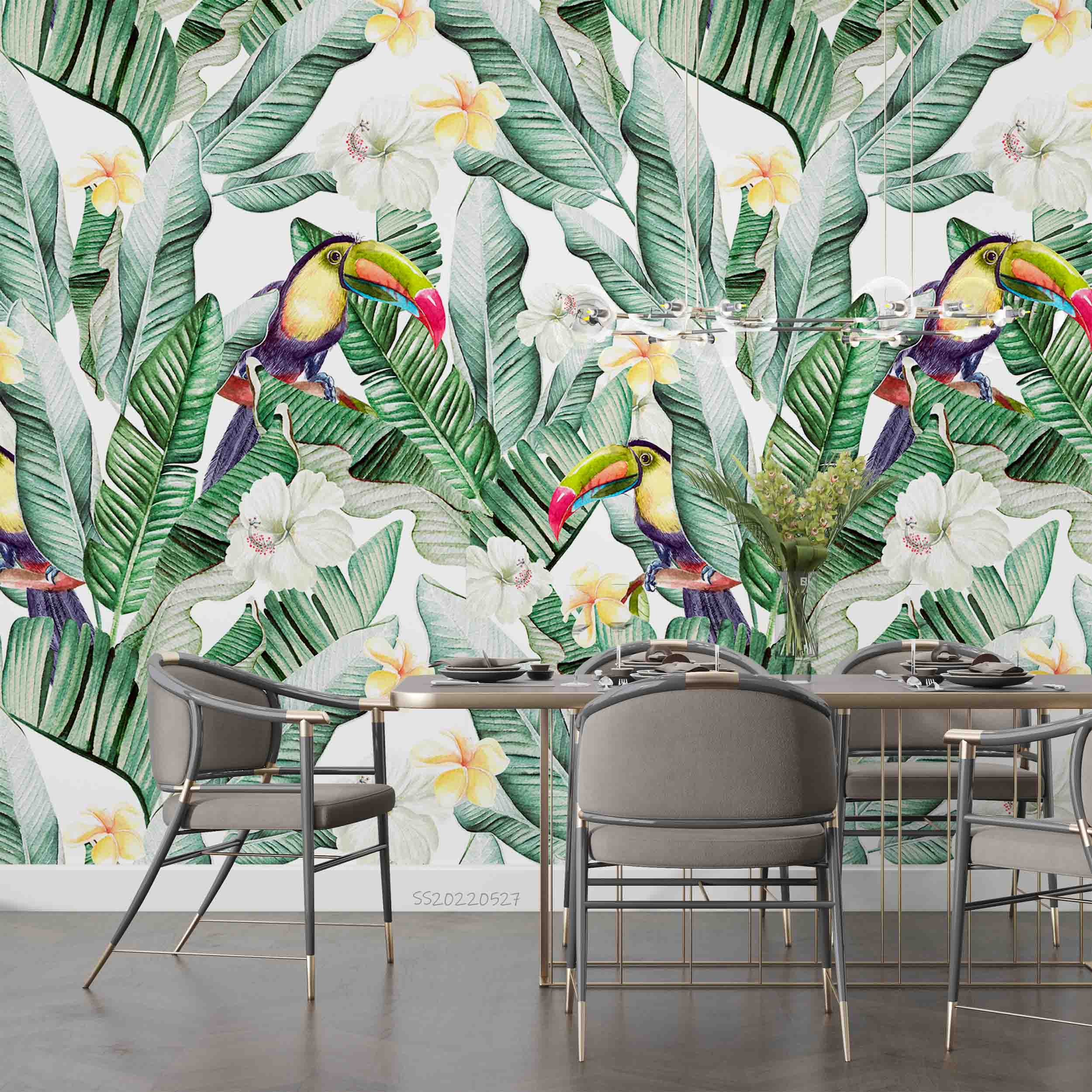 3D Watercolor Tropical Banana Leaf Toucan Hibiscus Floral Wall Mural Wallpaper GD 4219- Jess Art Decoration