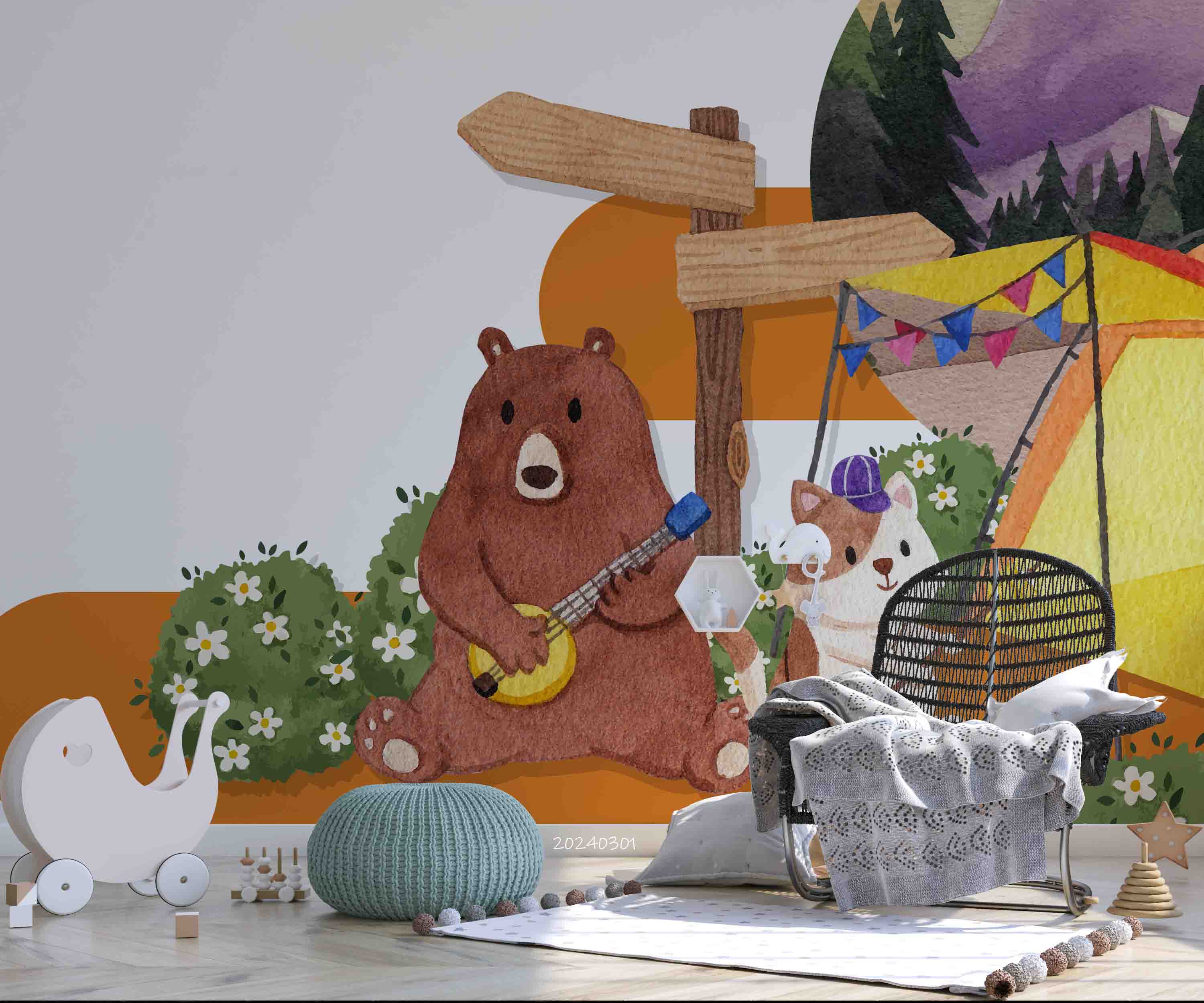 3D Cartoon Animal Bear Signpost Kids Wallpaper Wall Mural Wall Decor Wall Art Wall Sticker Remoable Wallpaper