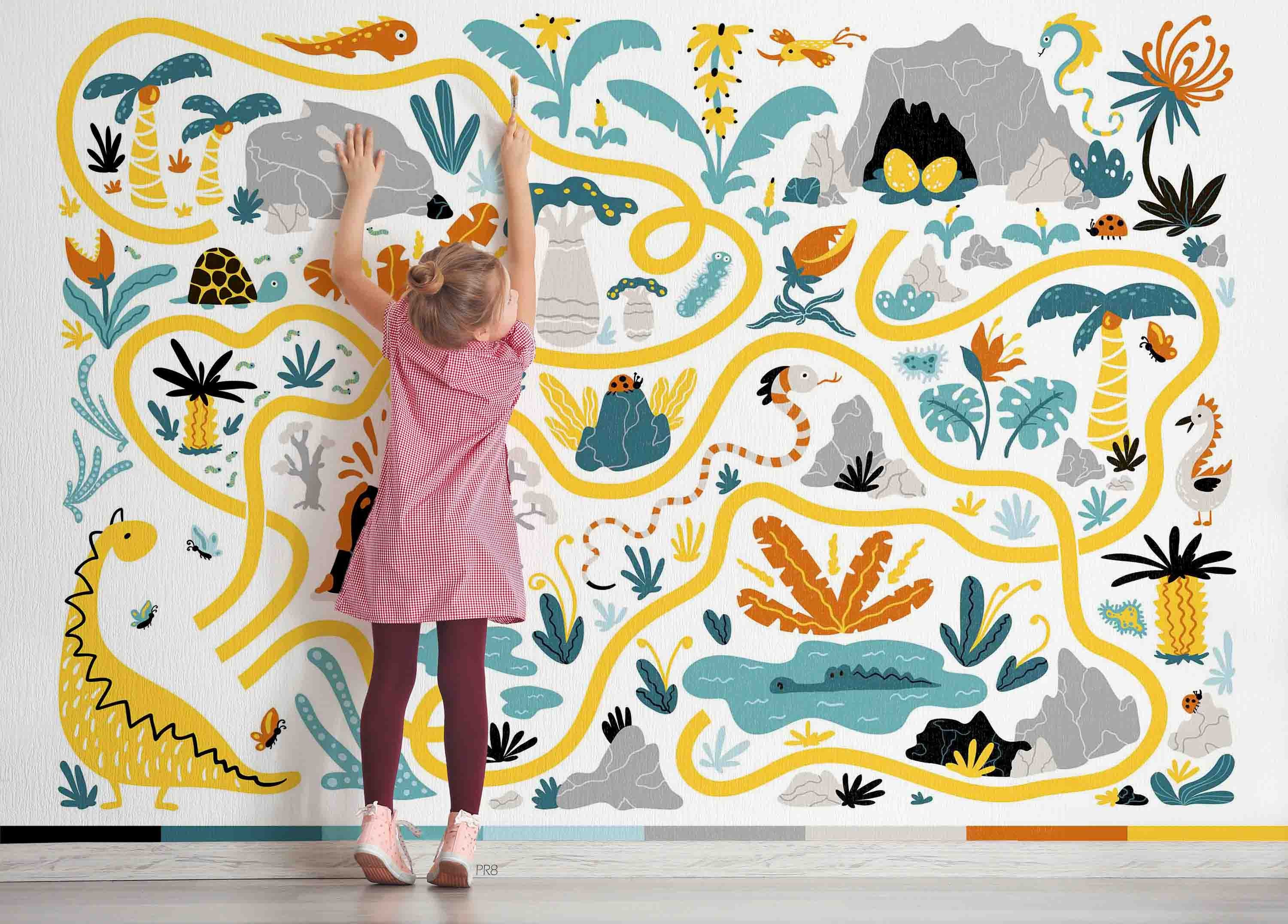 3D Cartoon Tropical Plant Volcano Dinosaur Maze Wall Mural Wallpaper GD 4573- Jess Art Decoration