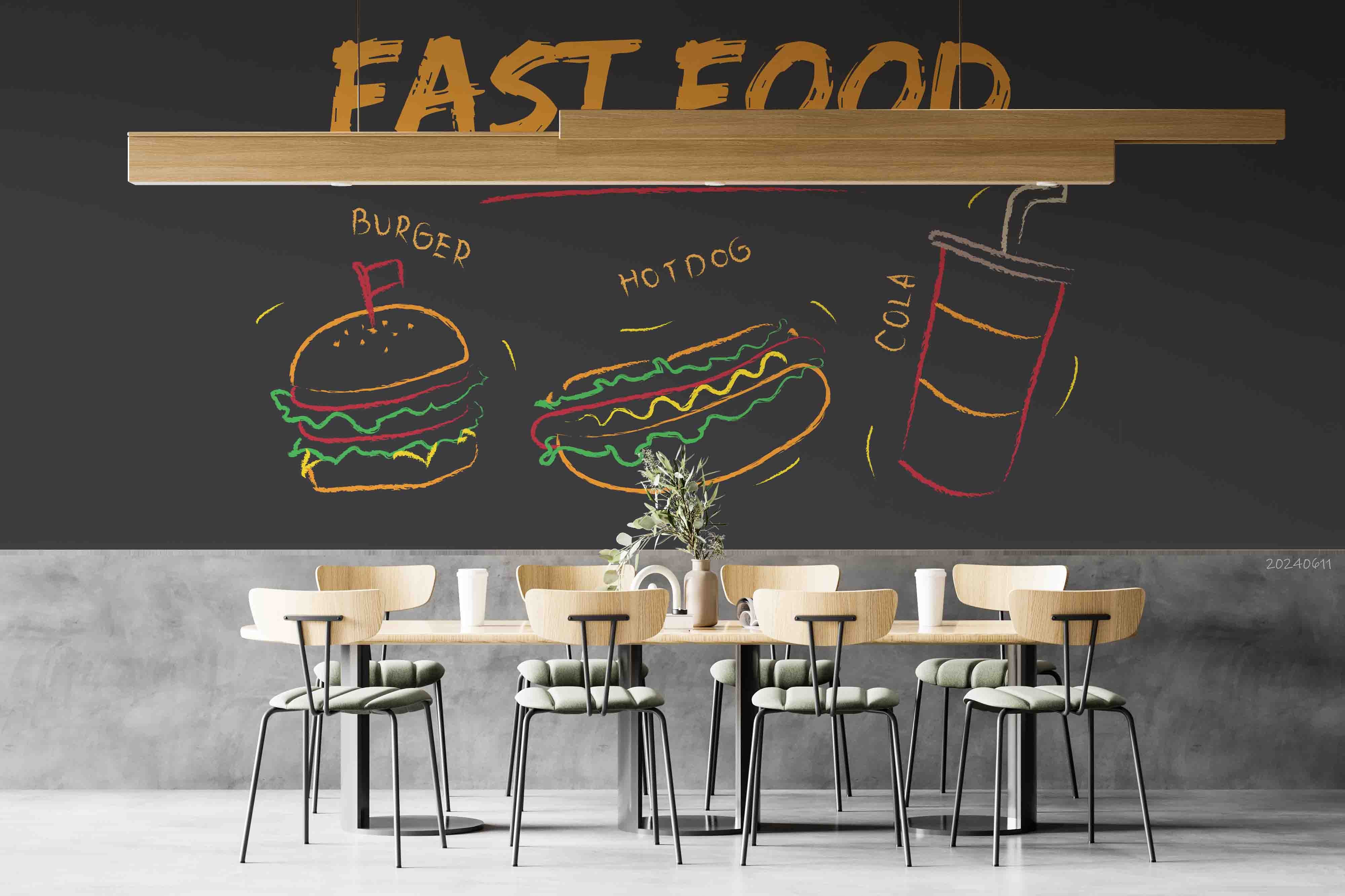 3D Hamburger Drinks Letter Hot Dog Buns Black Wall Mural Wallpaper YXL 253