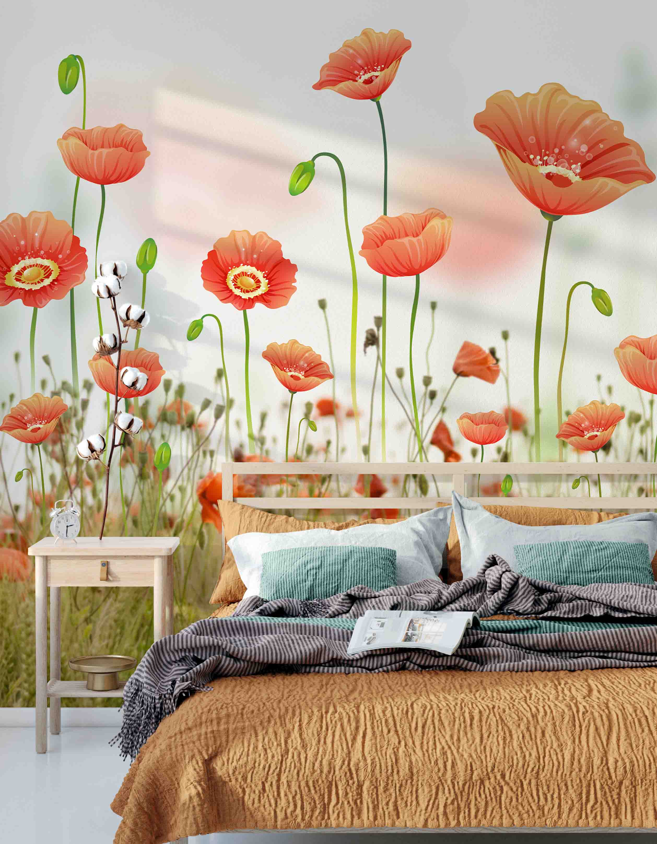 3D Yellow Poppy Meadow bright poppy flower field wall mural wallpaper for bedroom - view 5