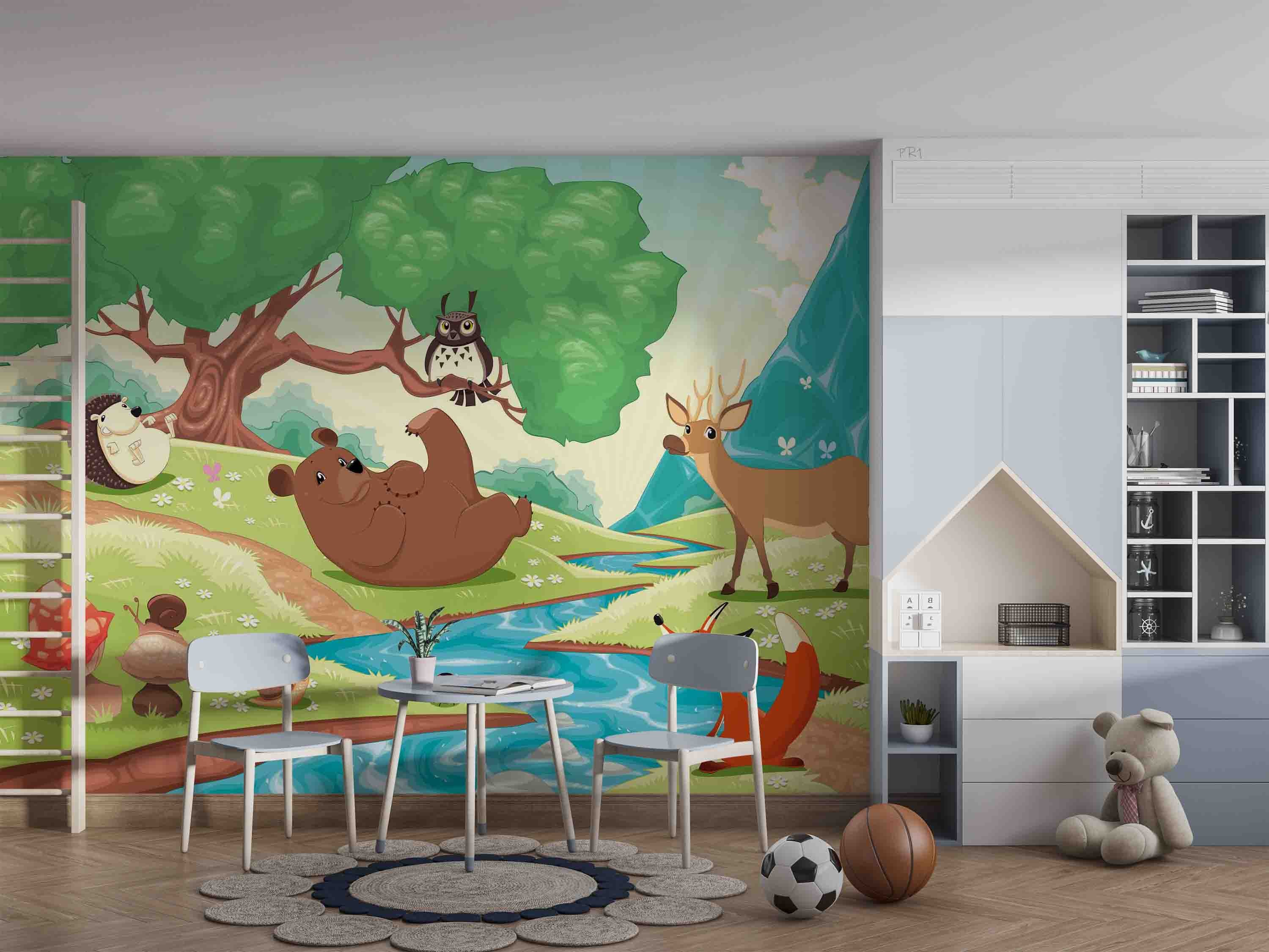 3D Woodland Bear Hedgehog cute woodland animal illustration wall mural wallpaper for nursery - view 4