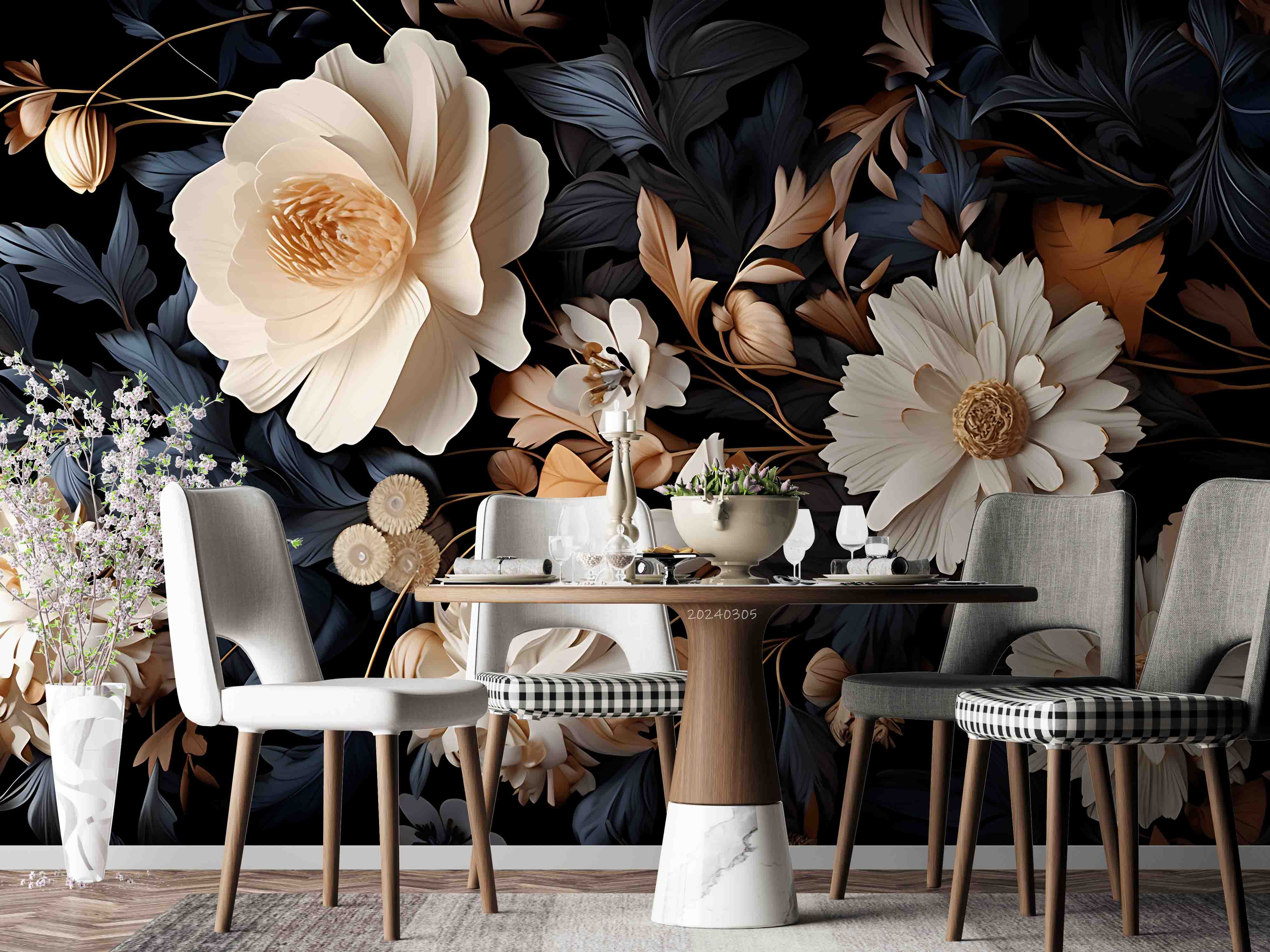 3D Floral Leaves Dark Background Wallpaper Wall Mural Wall Decor Wall Art Wall Sticker Remoable Wallpaper
