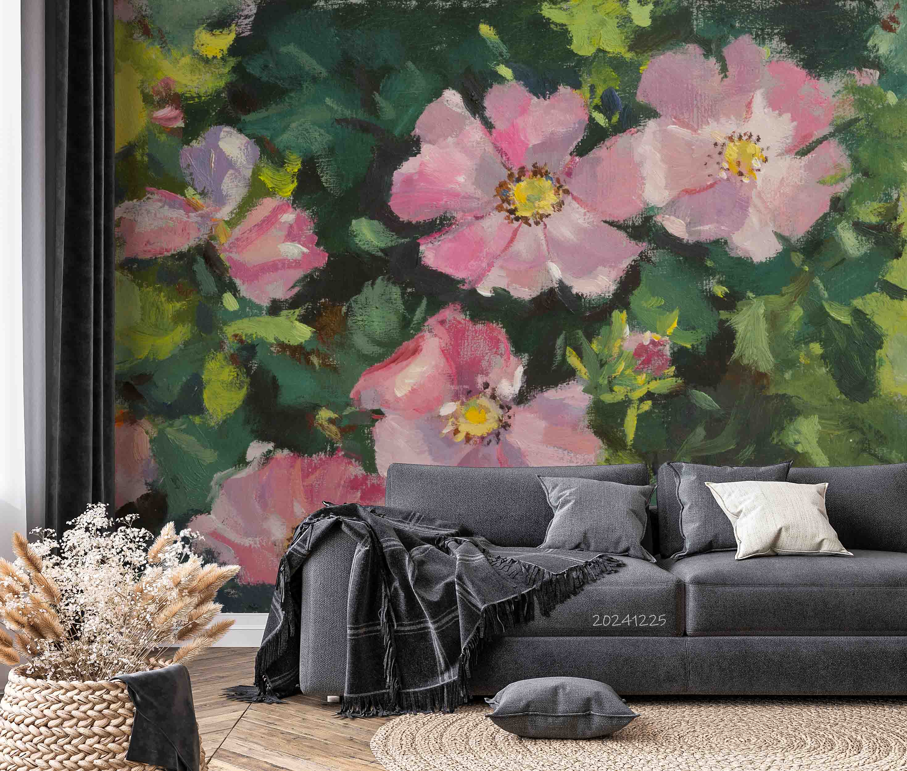 3D Pink Floral Green Leaves Oil Painting Wallpaper Wall Mural Wall Decor Wall Art Wall Sticker Remoable Wallpaper LQH 34