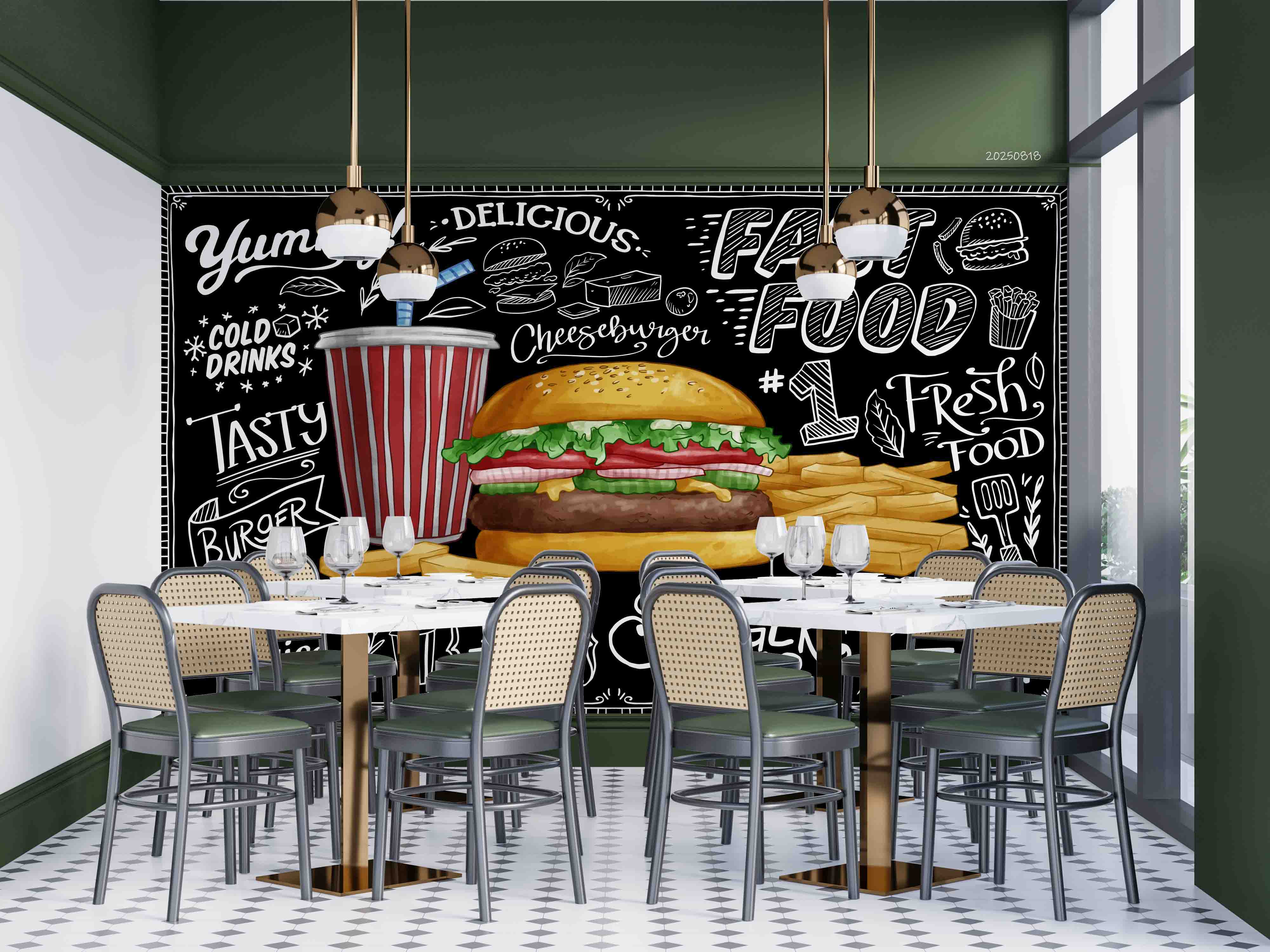 3D Restaurant Snack Bar Diner Fast Food Hamburger Chips Wall Mural Wallpaper 15