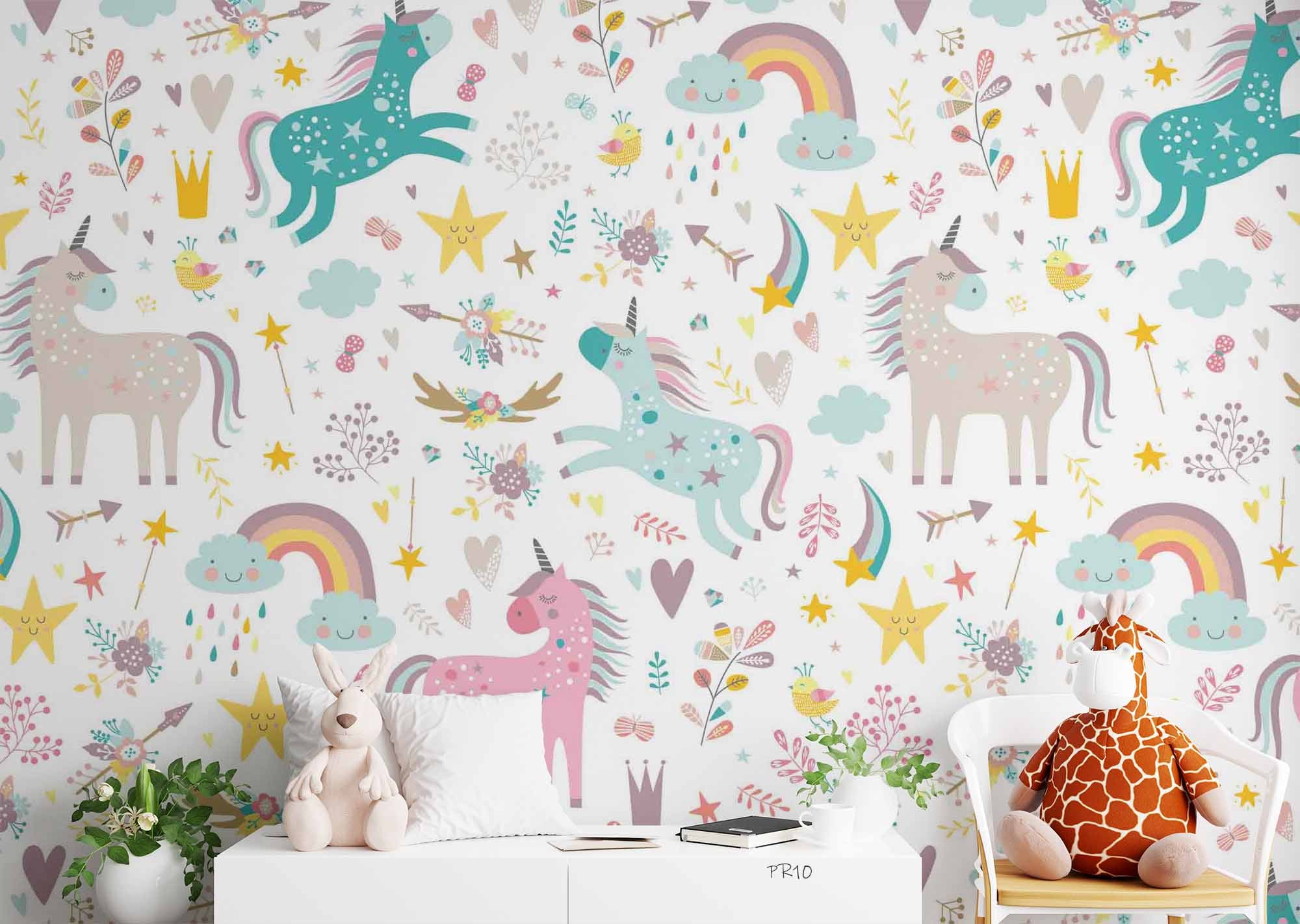 3D Cartoon Unicorn Cloud Rain Star Bird Wall Mural Wallpaper GD 4715- Jess Art Decoration