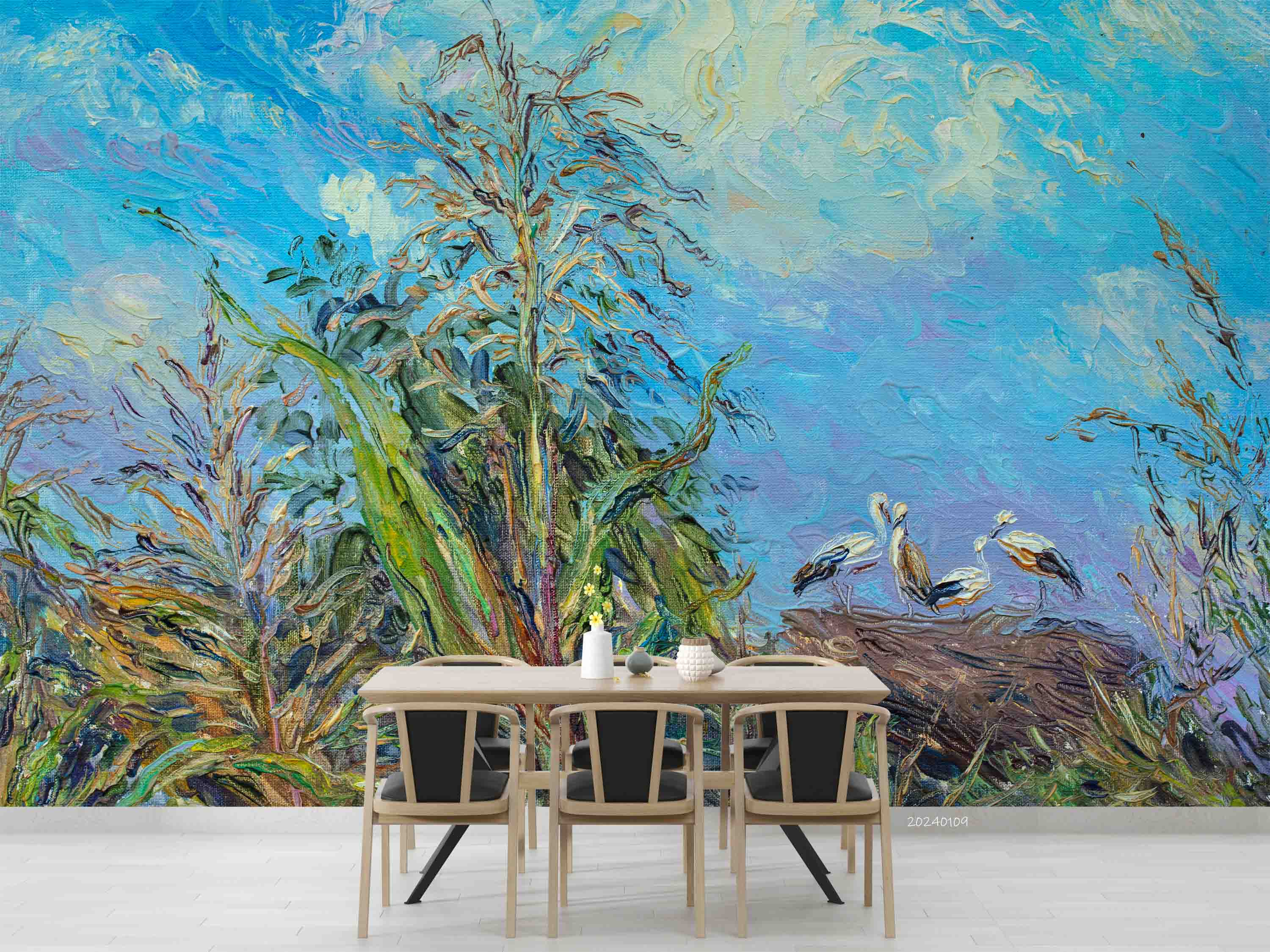 3D Oil Painting Corn Stalk Bird Cloud Sky Wall Mural Wallpaper YXL 115