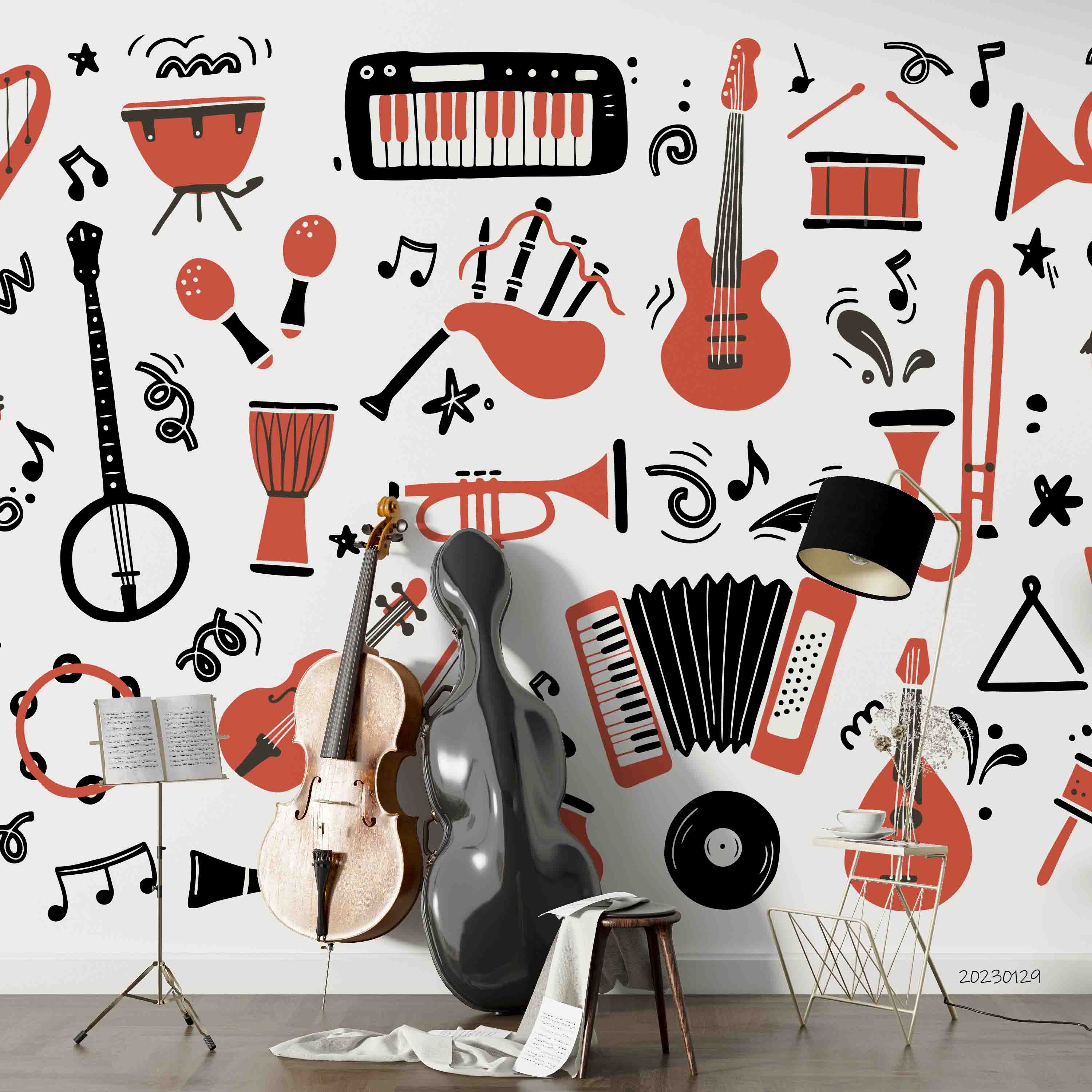 3D Pattern Guitar Piano Drum Trumpet Black Croci Wall Mural Wallpaper YXL 11- Jess Art Decoration