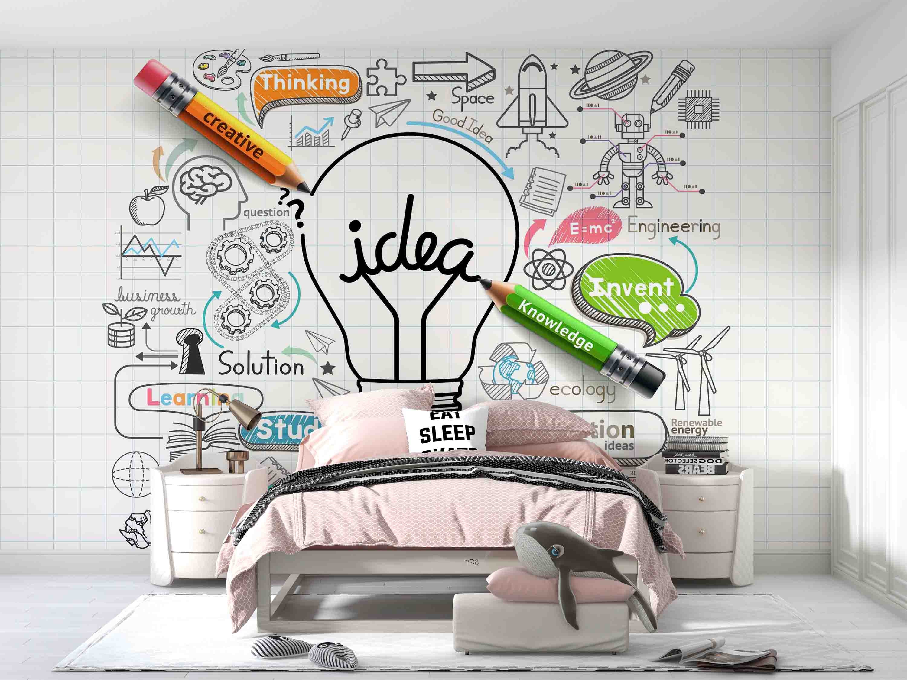 3D Light Bulb Idea Concept Doodle Icon Set Wall Mural Wallpaper GD 4536- Jess Art Decoration