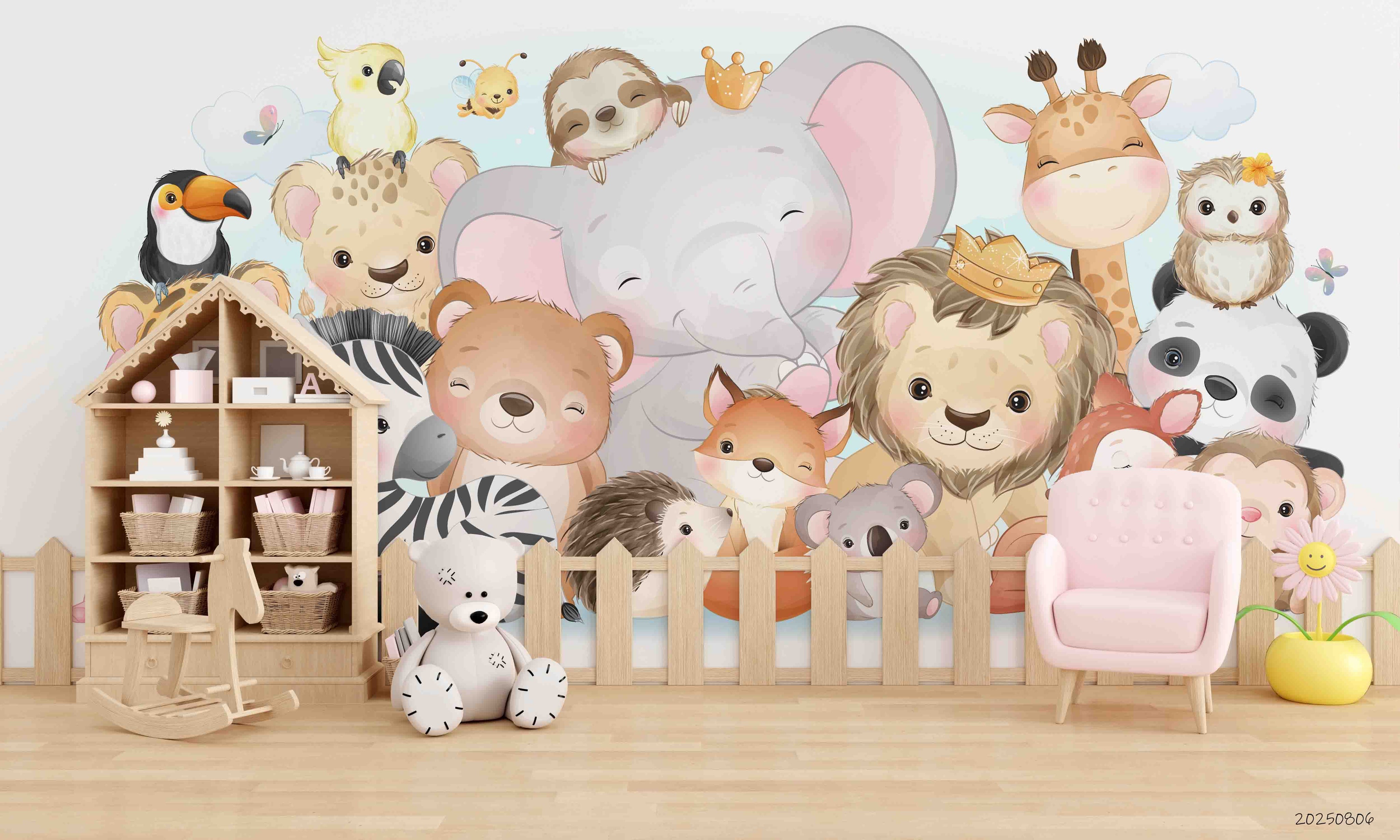 3D Childcare Nursery School Cartoon Kids Animals Wall Mural Wallpaper JN 54