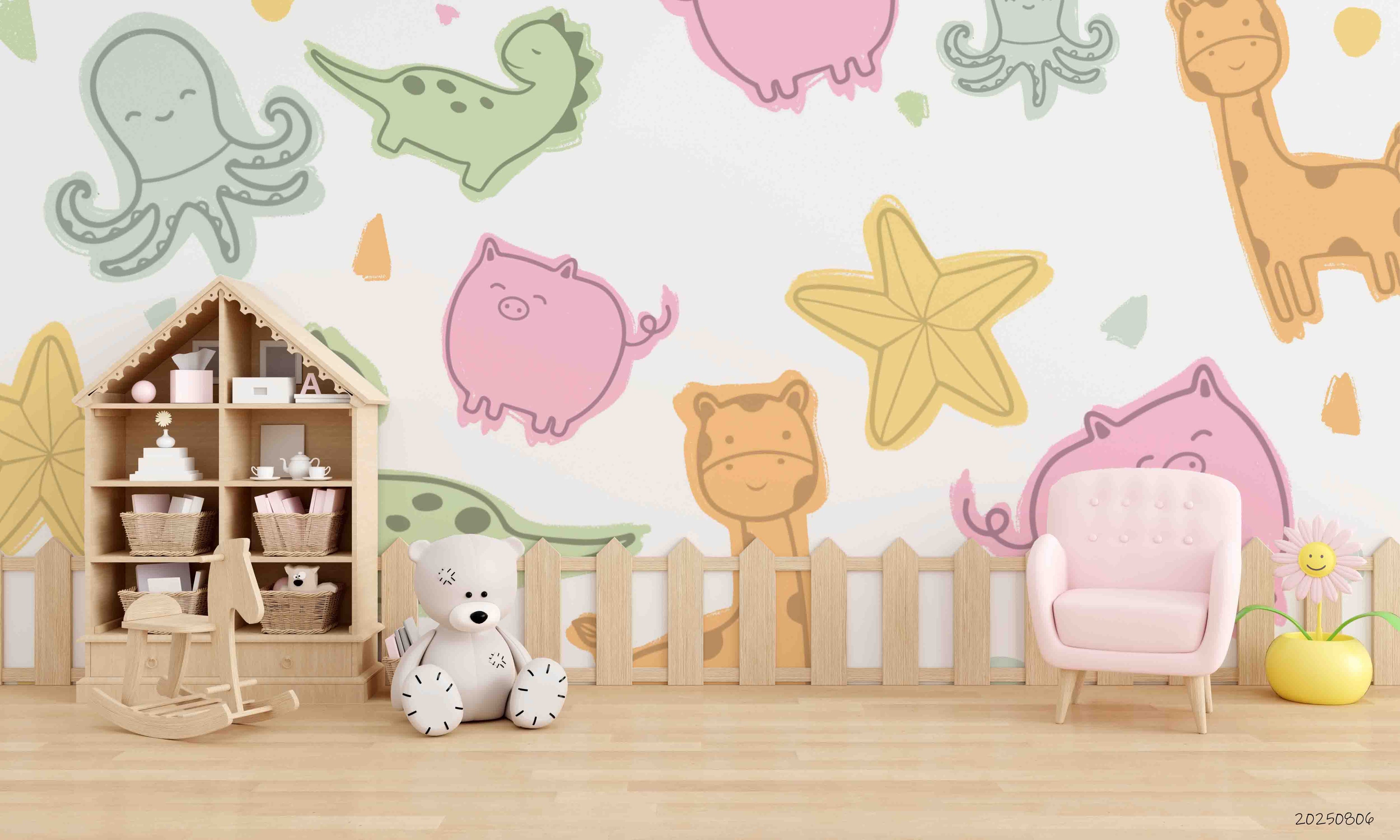 3D Childcare Nursery School Cartoon Animals Kids Wall Mural Wallpaper JN 23