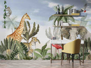 3D Animal Tree Giraffe Elephant  Flamingo Cheetah Parrot Monkey Wall Mural Wallpaper YXL 2556