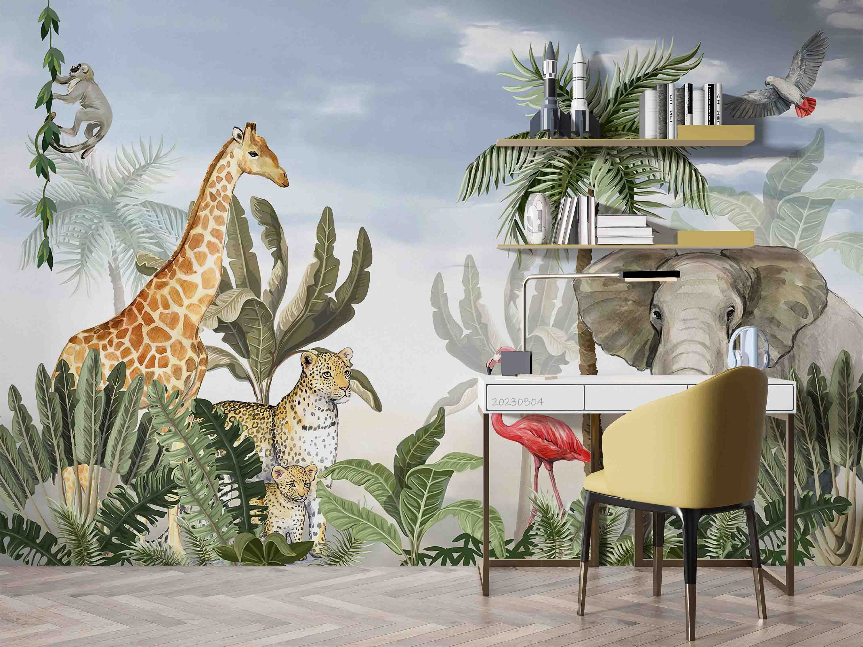 3D Animal Tree Giraffe Elephant  Flamingo Cheetah Parrot Monkey Wall Mural Wallpaper YXL 2556