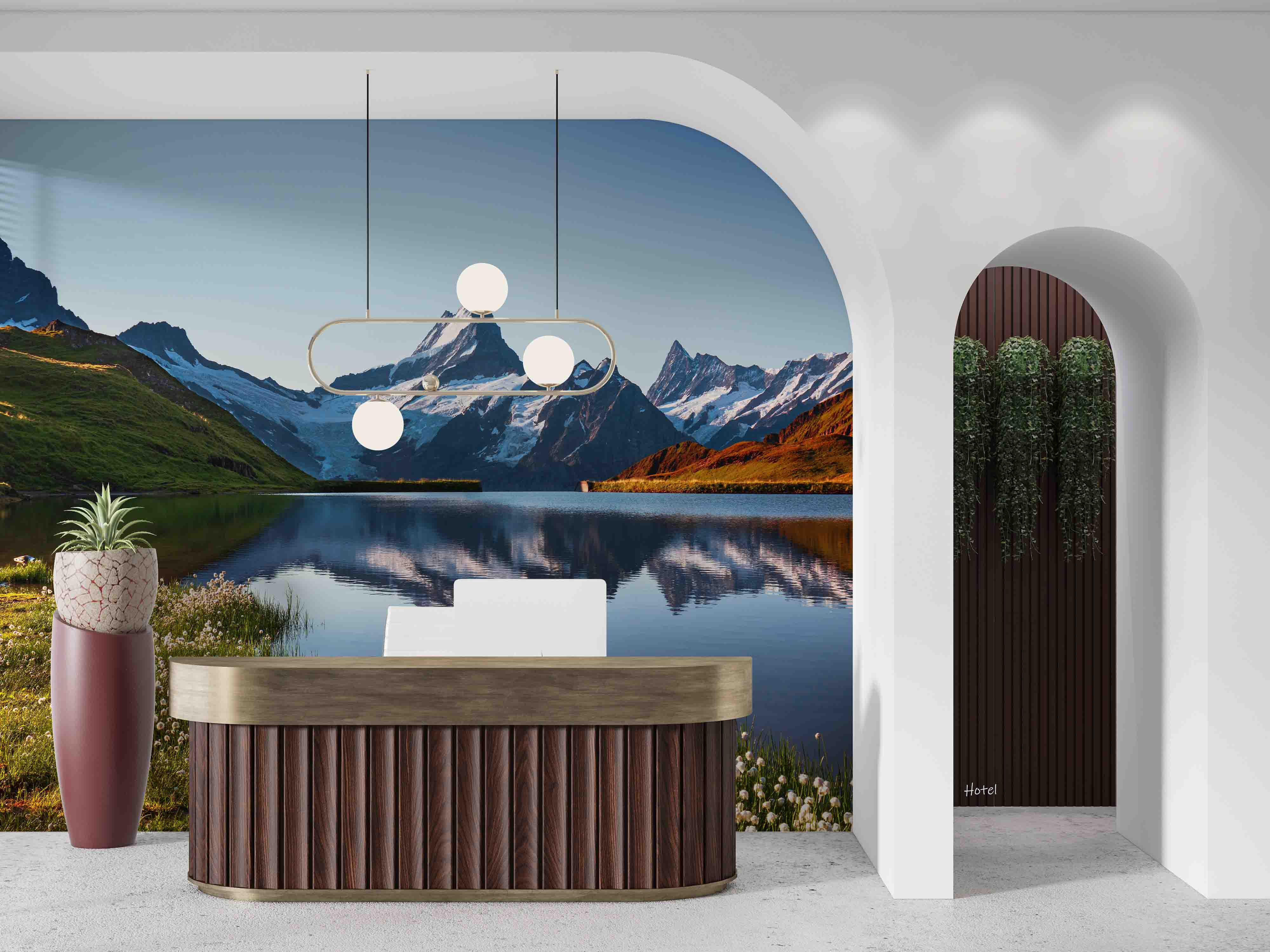 3D Hotel Inn Motel Hostel Resort Manor Scenery Mountains Lake Wall Mural Wallpaper 23