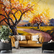 3D Oil Painting Tree Peach Blossom Grassland Road Stone Wall Mural Wallpaper YXL 130