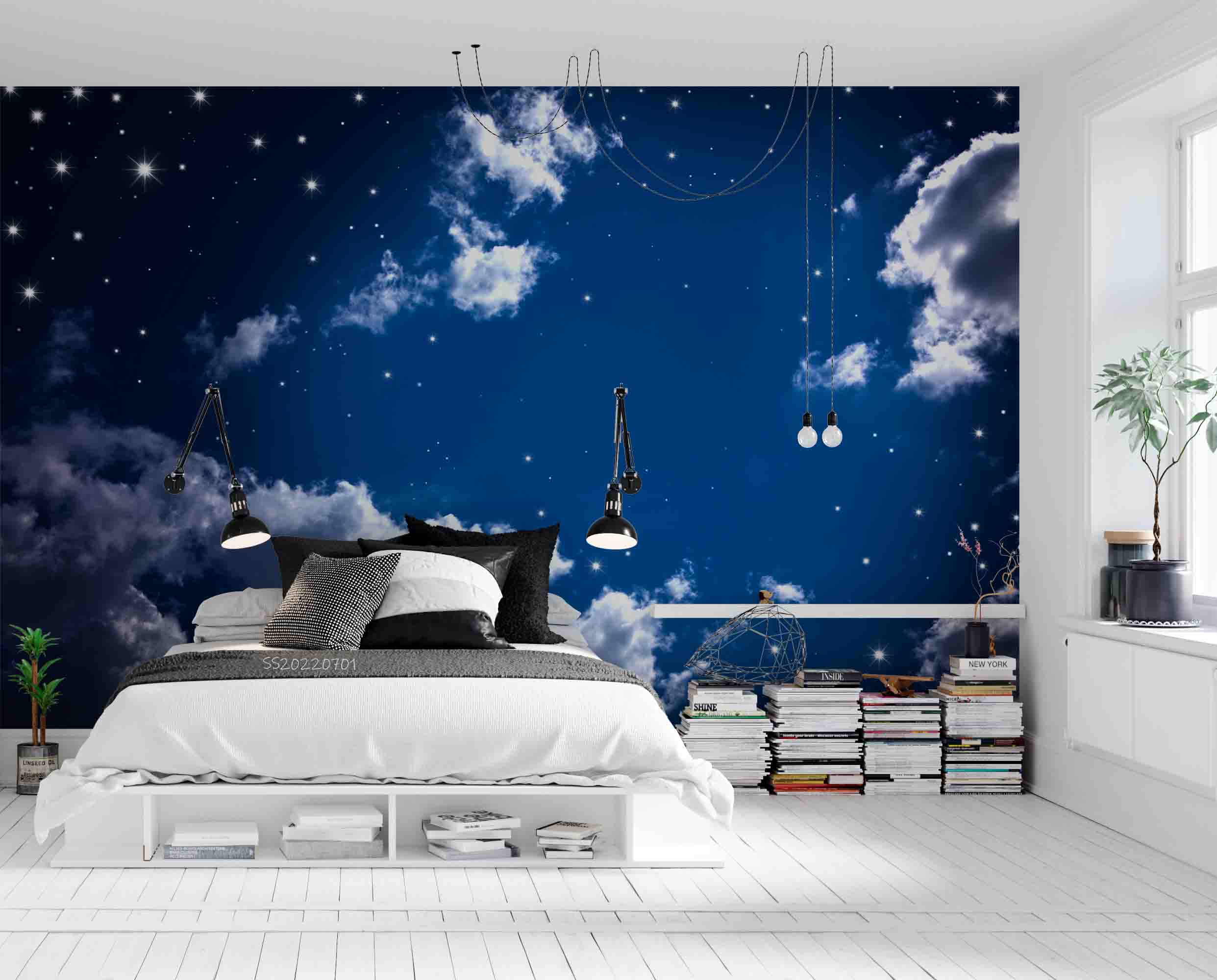 3D Night Blue Sky Cloud Stars Scenery Wall Mural Wallpaper GD 5056- Jess Art Decoration