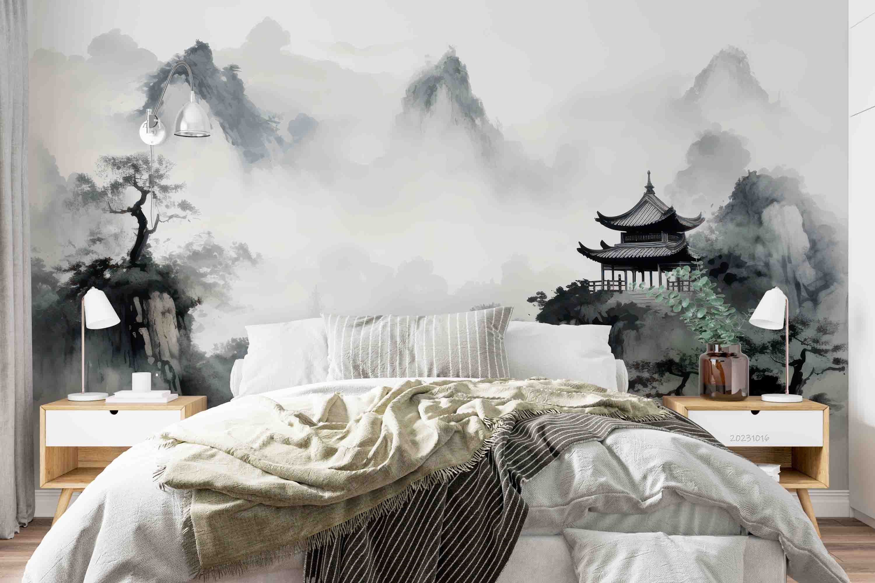 3D Tree Mountain Pavilion Fog Wall Mural Wallpaper YXL 2975