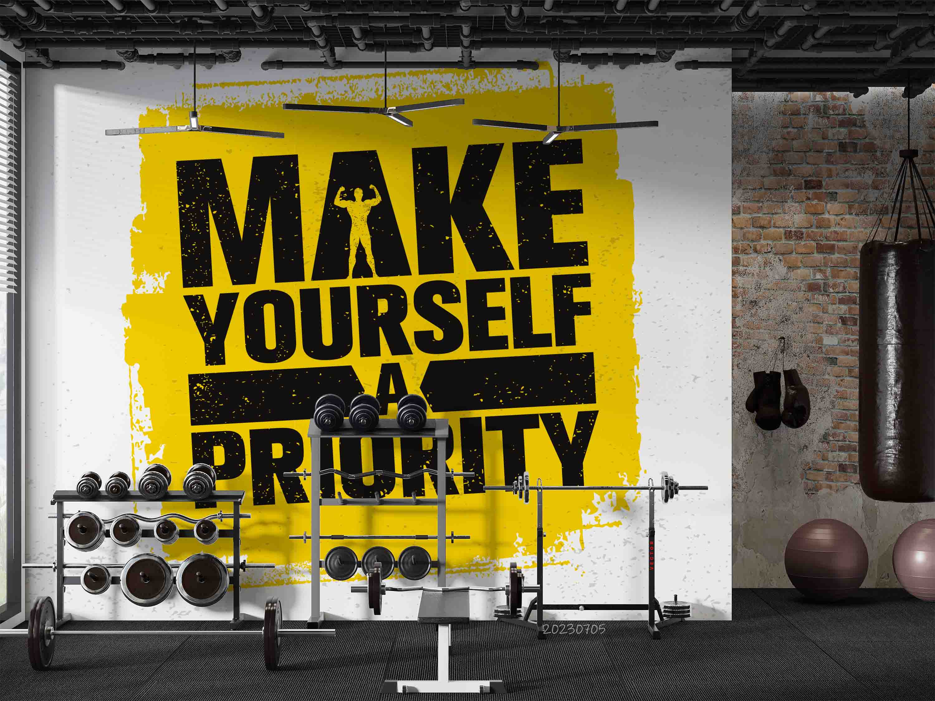 3D Freehand Sketching Weightlifting Gym Yellow Wall Mural Wallpaper YXL 1707