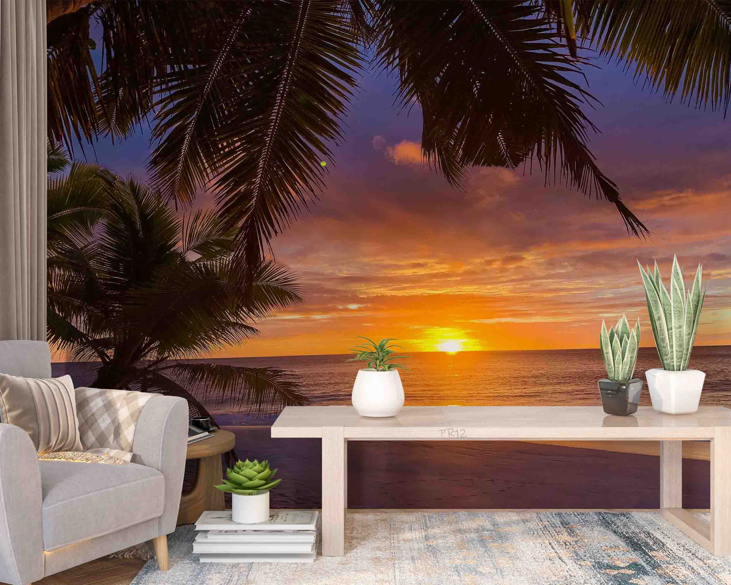 3D Beach Wave Sea Coconut Tree Sunrise Wall Mural Wallpaper GD 4946- Jess Art Decoration