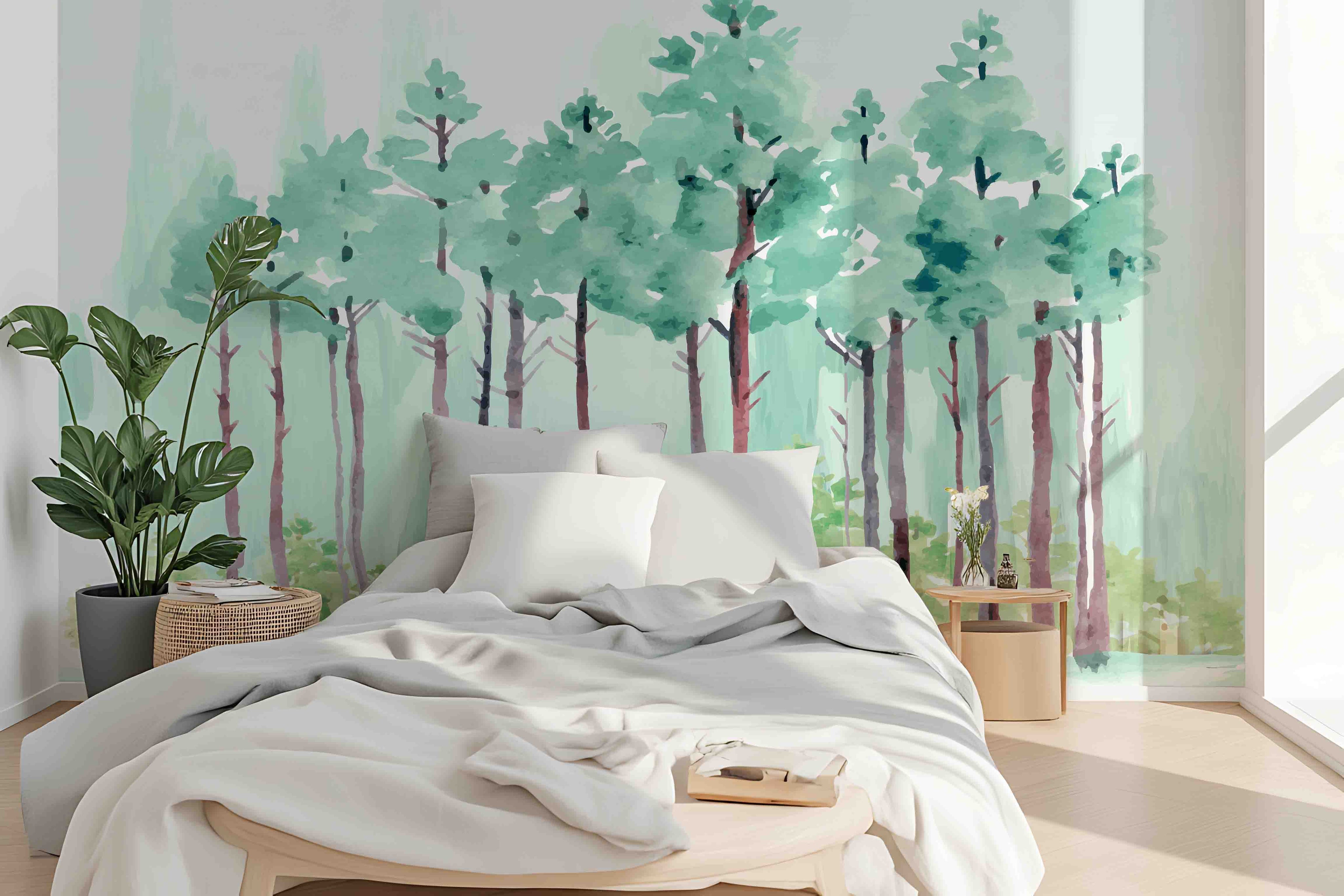 3D Green Watercolor Forest Wall Mural Wallpaper 360