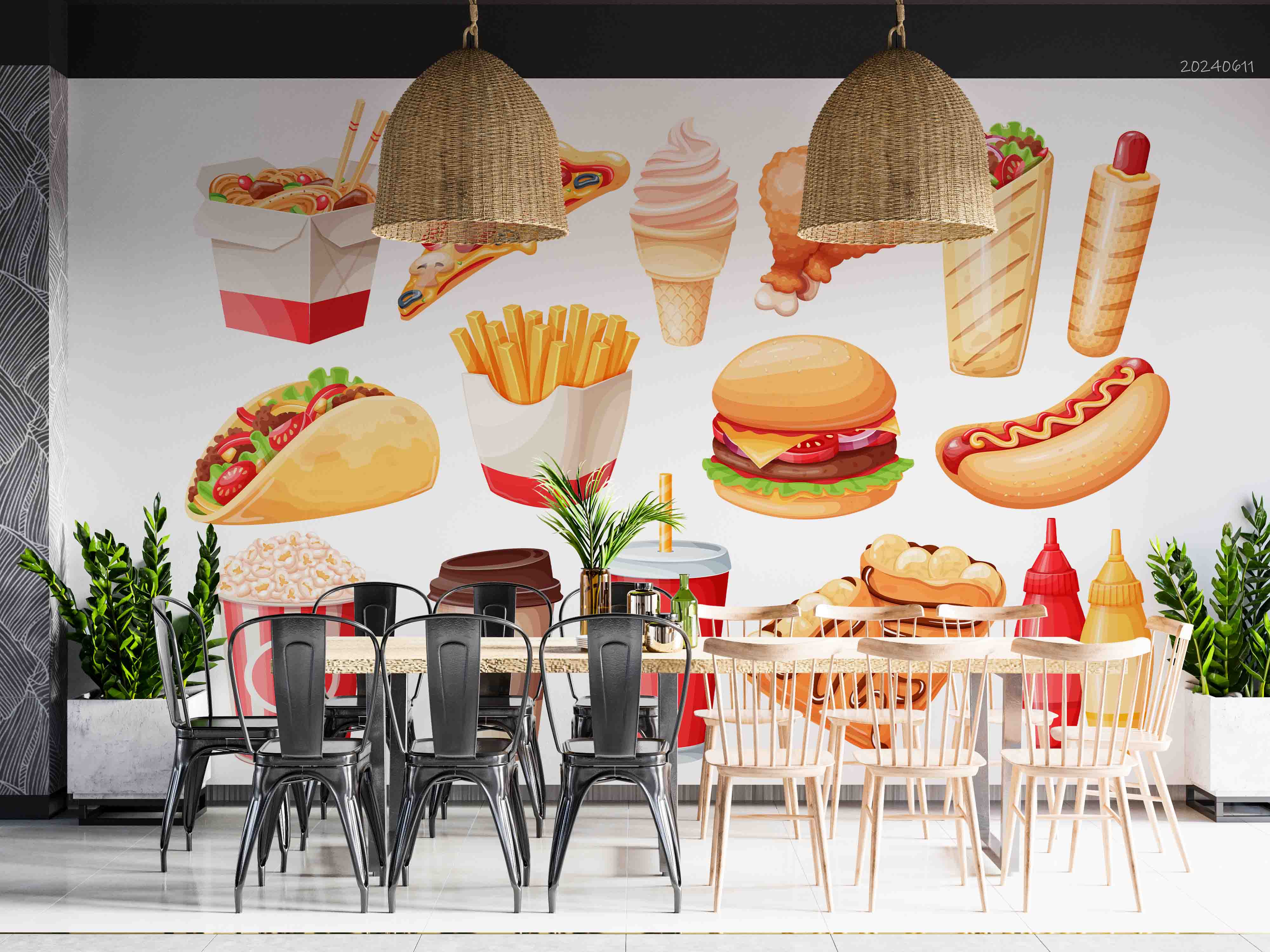 3D Hamburger Chips Ice Cream Pizza Chicken Leg Wall Mural Wallpaper YXL 269