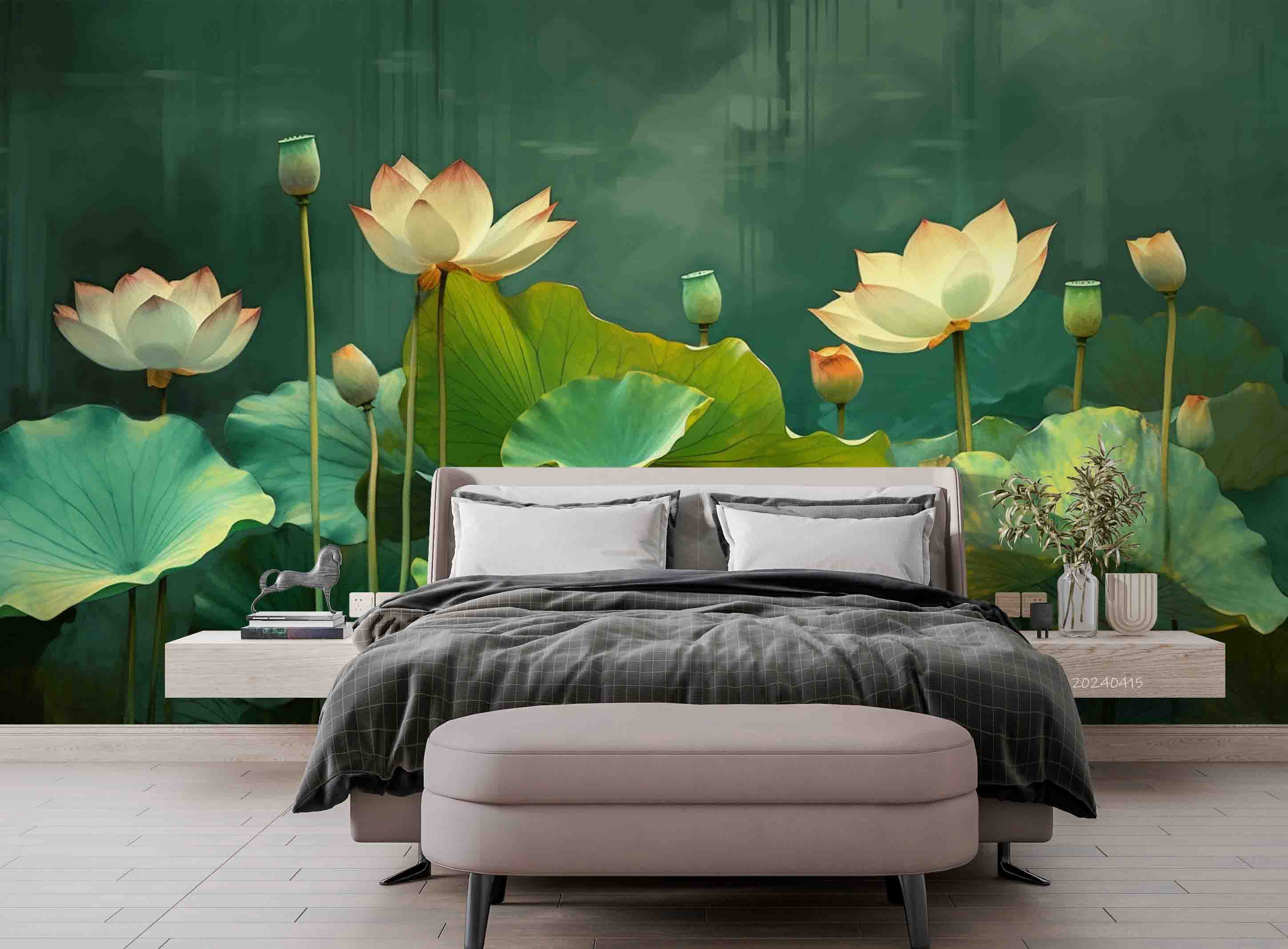 3D Watercolor Lotus Leaf Green Wallpaper Wall Mural Wall Decor Wall Art Wall Sticker Remoable Wallpaper