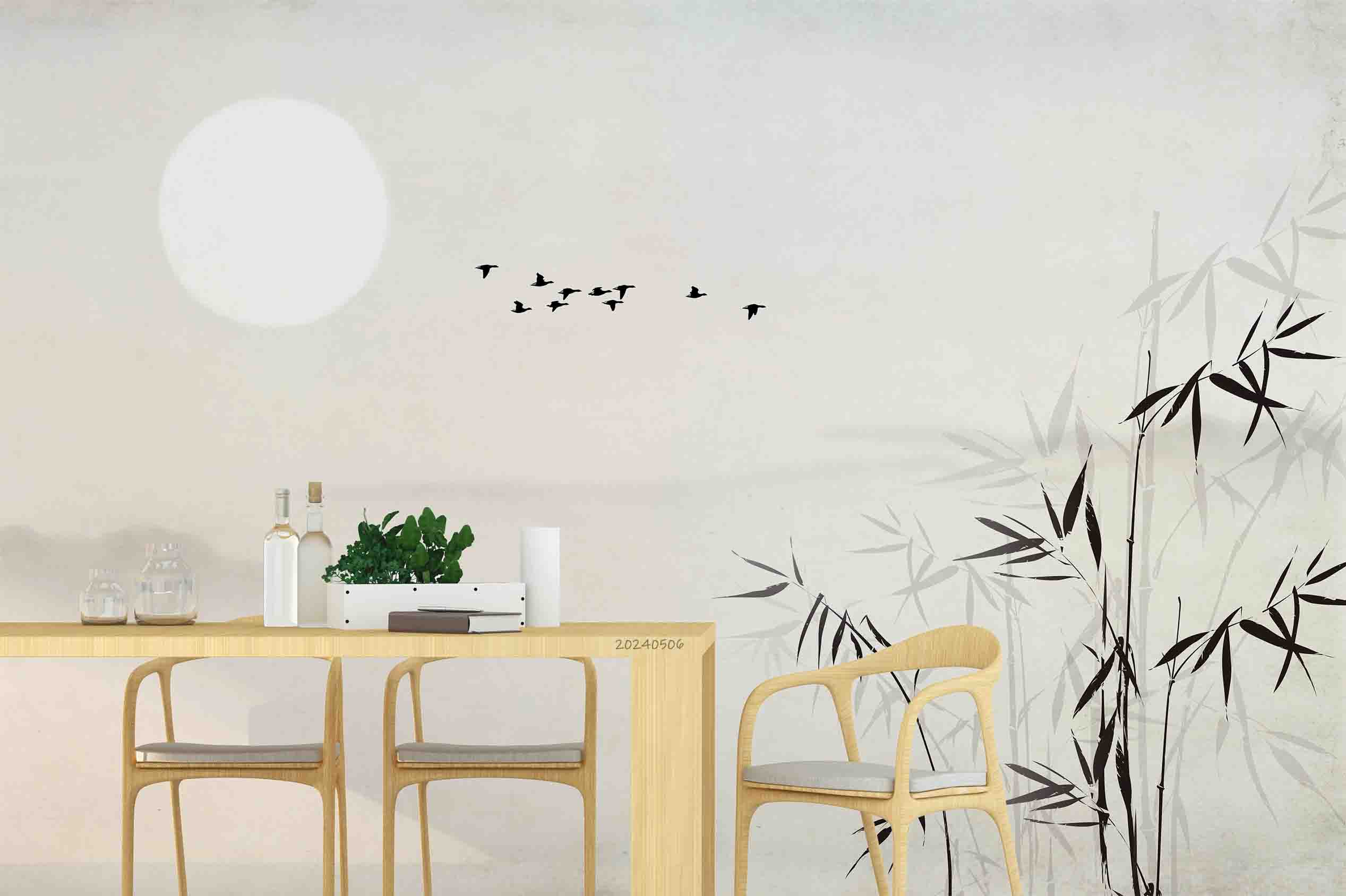 3D Grey Sky Bird Sun Bamboo Wallpaper Wall Mural Wall Decor Wall Art Wall Sticker Remoable Wallpaper
