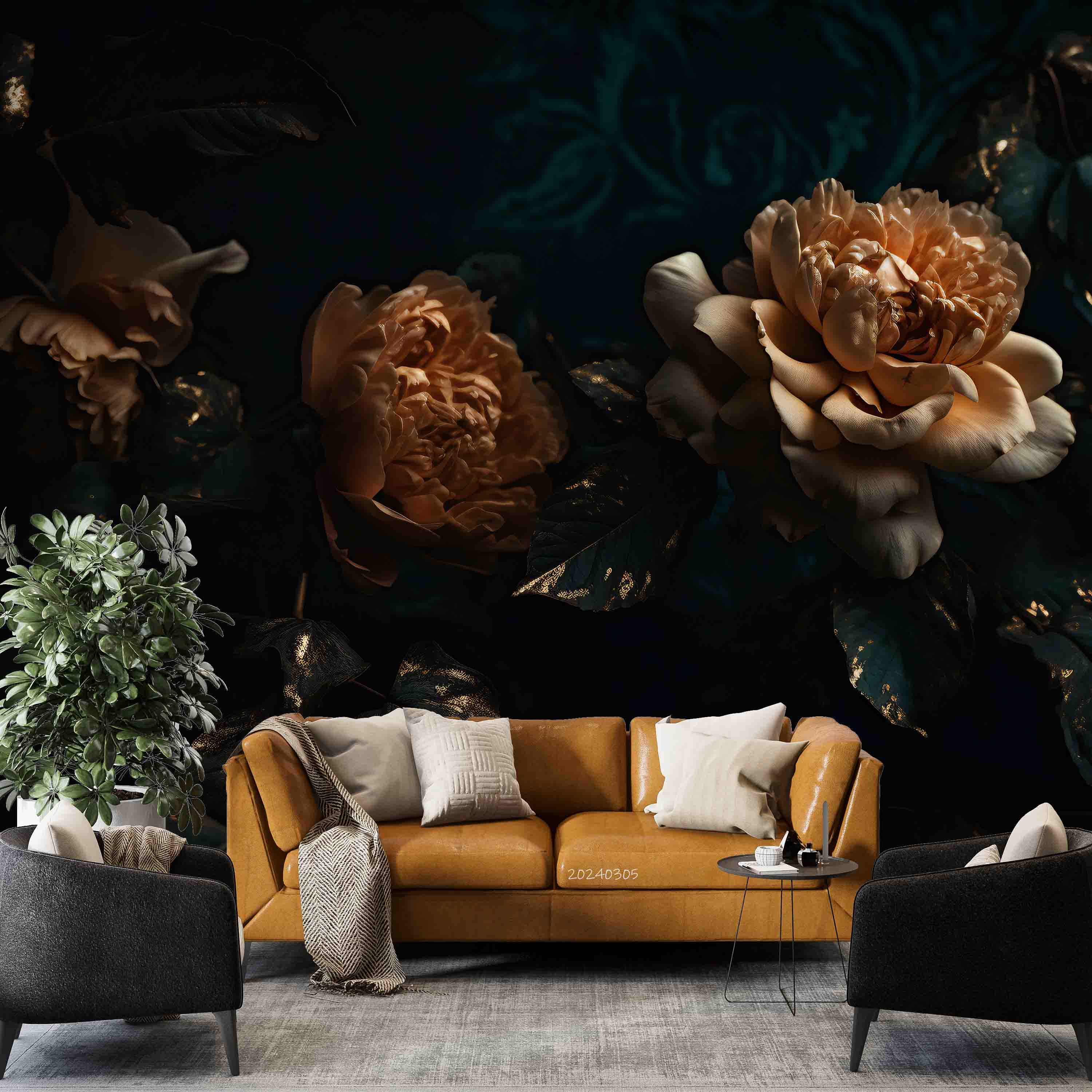 3D Orange Floral Bouquet Dark Background Wallpaper Wall Mural Wall Decor Wall Art Wall Sticker Remoable Wallpaper