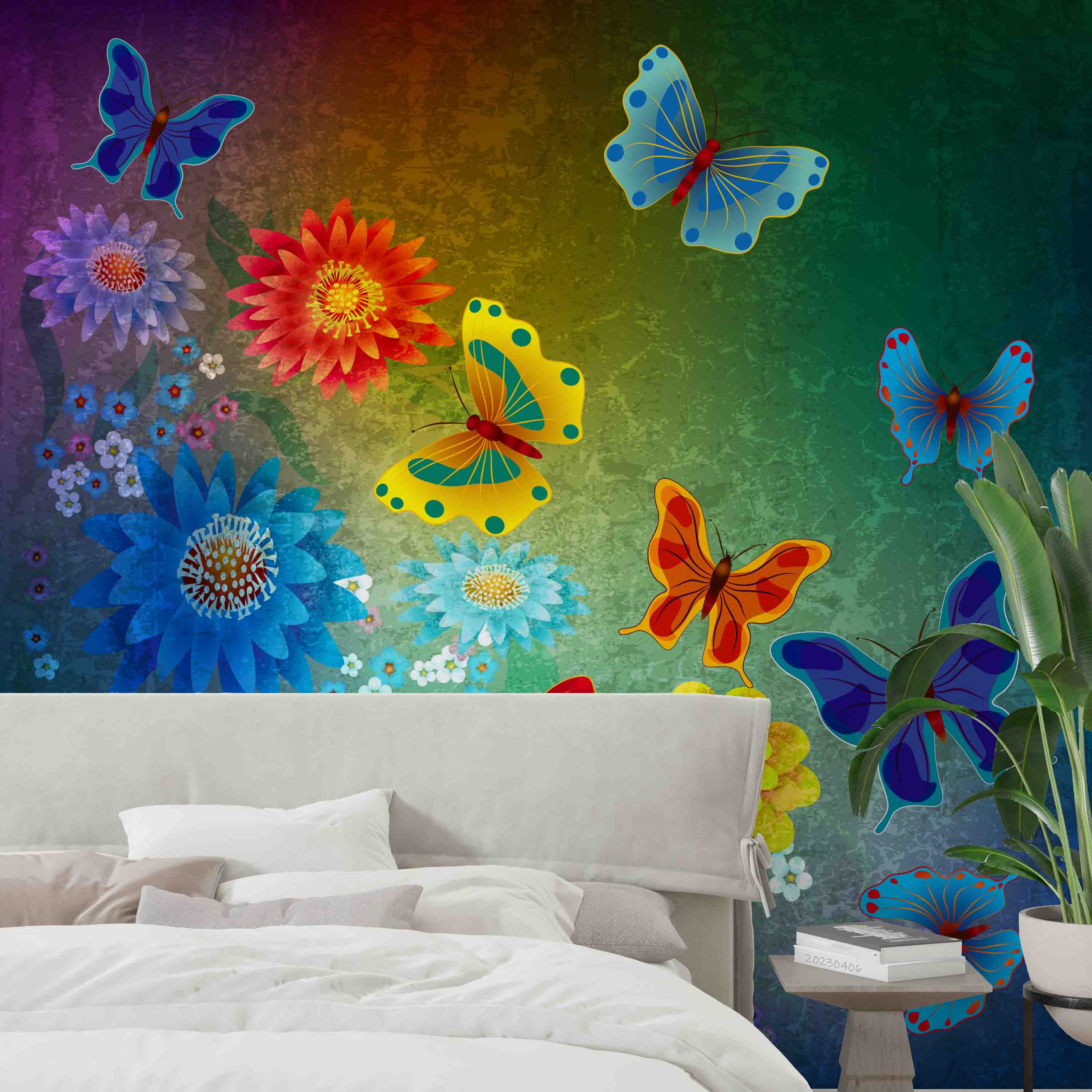3D Abstract Colorful Butterfly Dark Green Floral Wall Mural Wallpaper GD 5662- Jess Art Decoration