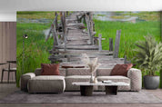 3D Old Wooden Long Bridge Lake Green Grass Wall Mural Wallpaper GD 4304- Jess Art Decoration