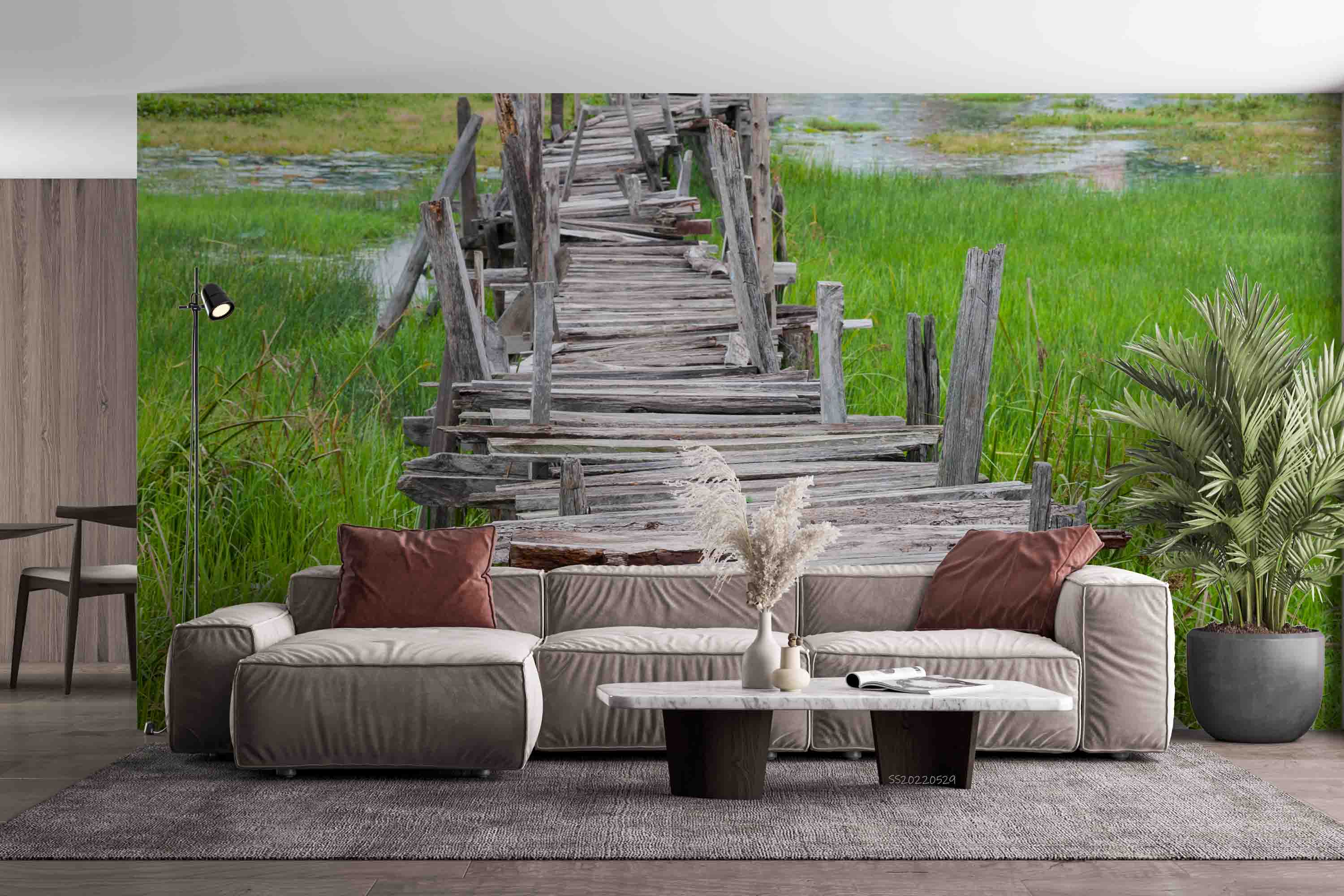 3D Old Wooden Long Bridge Lake Green Grass Wall Mural Wallpaper GD 4304- Jess Art Decoration
