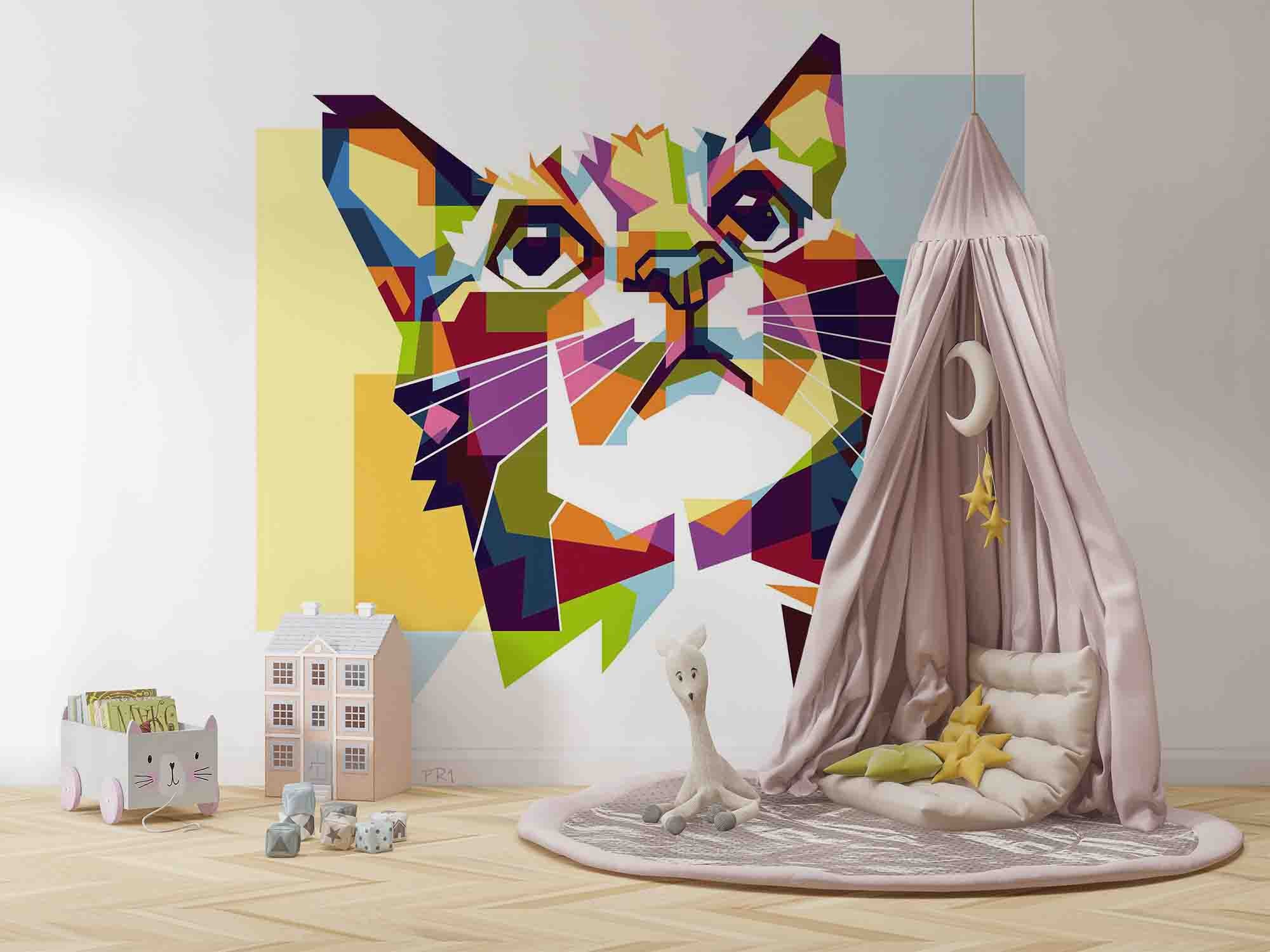 3D Colourful Geometric Cat colourful geometric cat portrait wall mural wallpaper for kids room - view 4