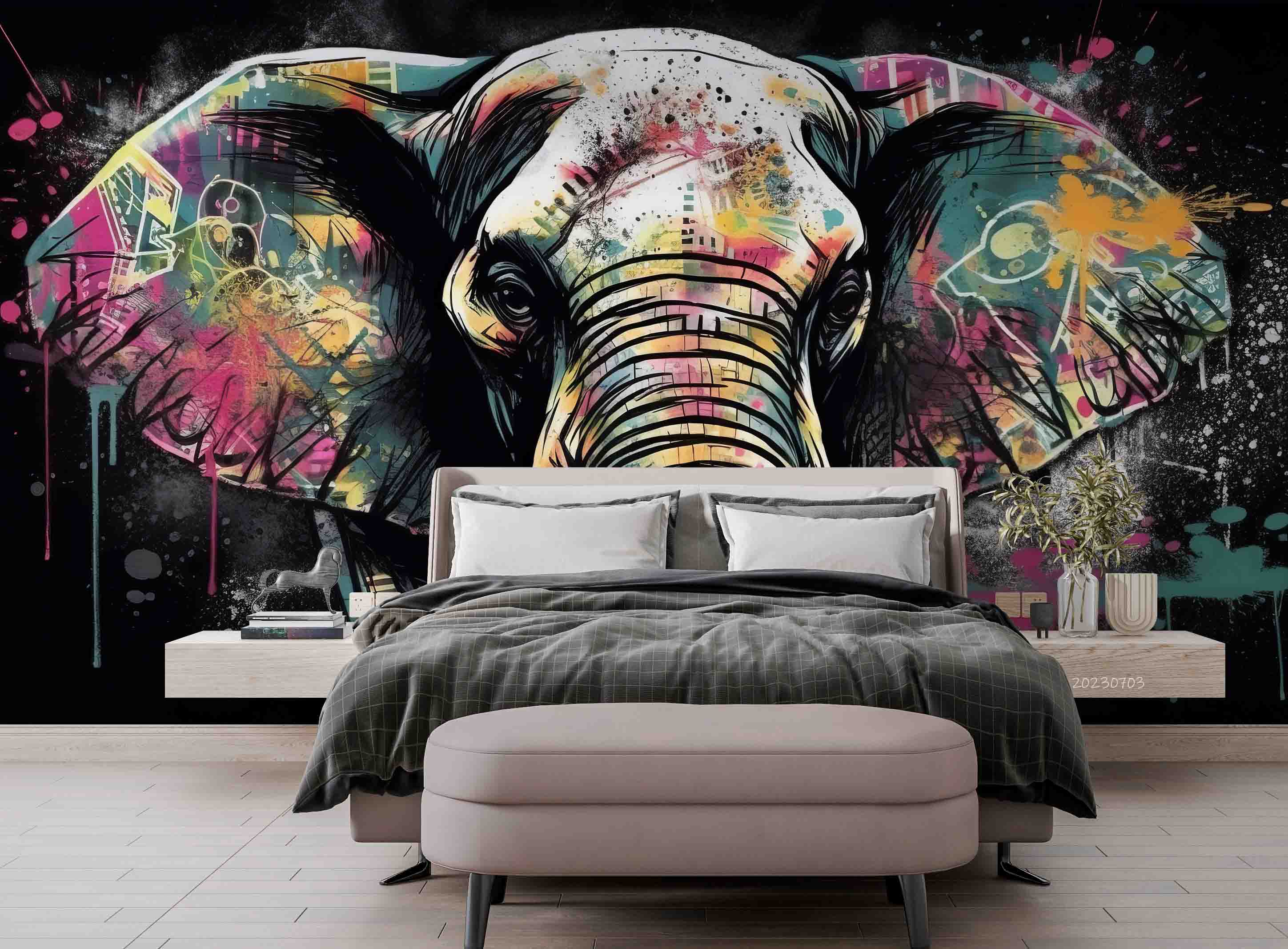 3D Animal Elephant Colours Graffiti Wall Mural Wallpaper YXL 1838