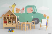 3D Childcare Nursery School Cartoon Kids Animals Car Wall Mural Wallpaper JN