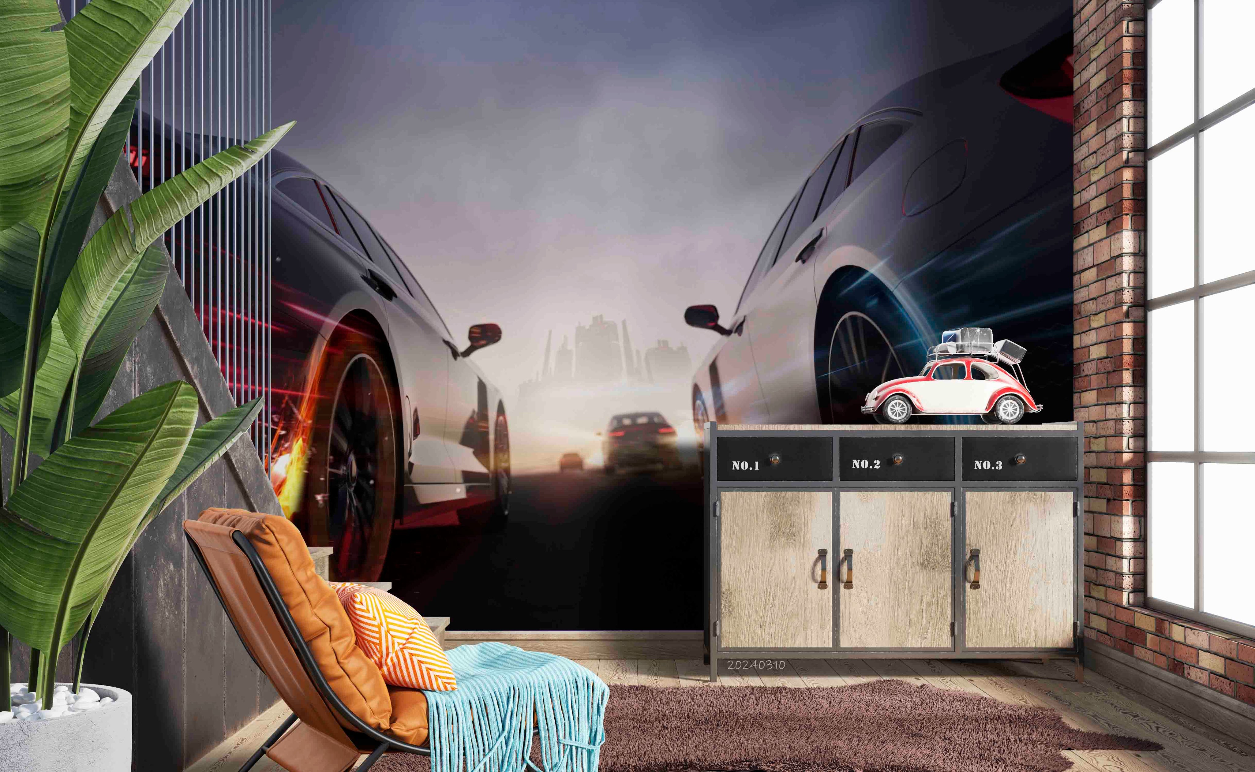 3D White Black Sports Car Wallpaper Wall Mural Wall Decor Wall Art Wall Sticker Remoable Wallpaper