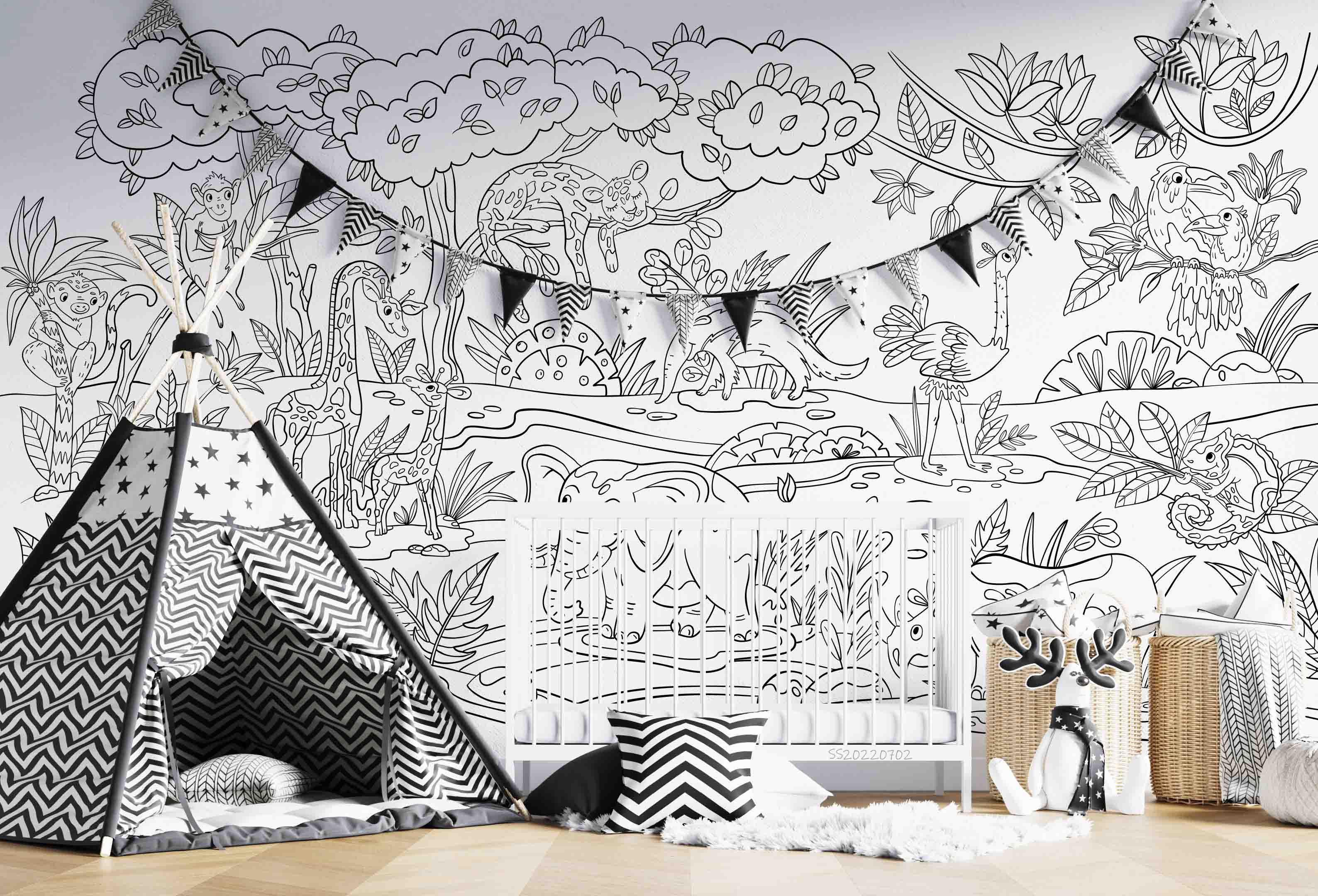 3D Cartoon Graffiti Tropical Animals Birds Trees Wall Mural Wallpaper GD 5104- Jess Art Decoration