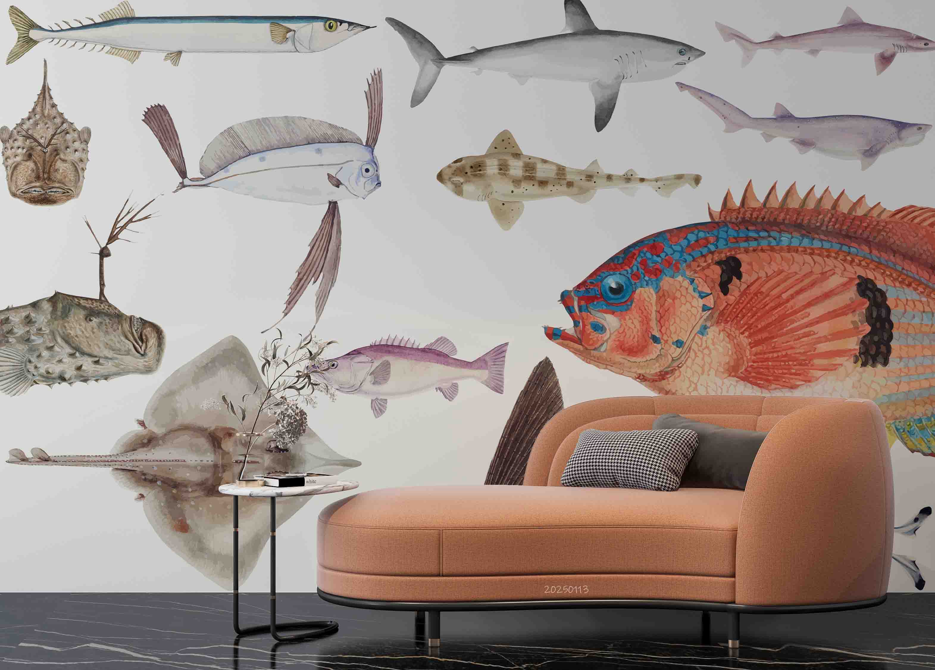 3D Hand Drawn Ocean Creature Fish Wallpaper Wall Mural Wall Decor Wall Art Wall Sticker Remoable Wallpaper LQH 10