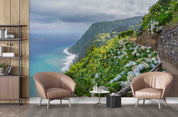 3D Coastal Trail Hydrangea Hill Dark Clouds Azores Portugal Wall Mural Wallpaper GD 4369- Jess Art Decoration