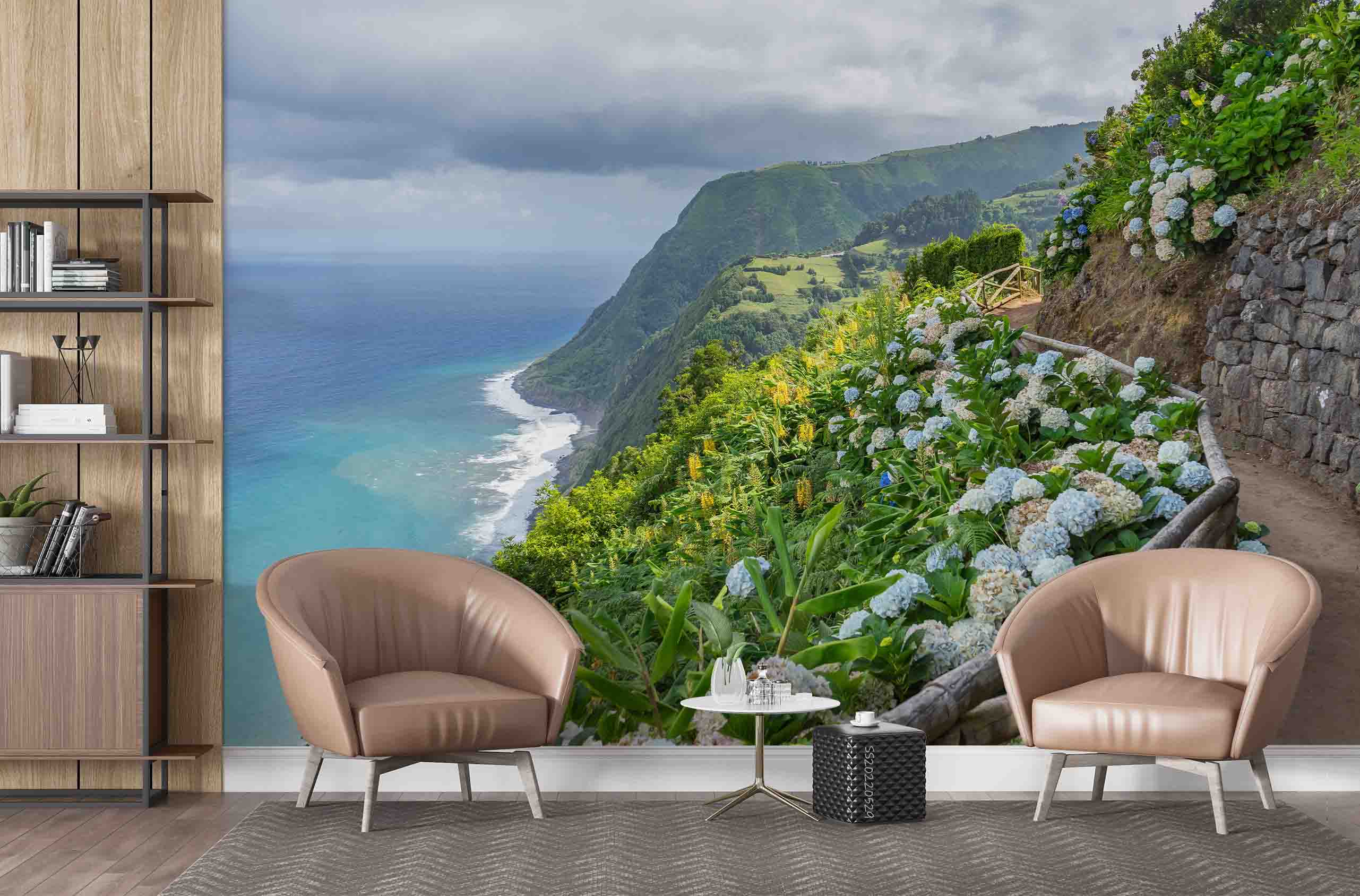 3D Coastal Trail Hydrangea Hill Dark Clouds Azores Portugal Wall Mural Wallpaper GD 4369- Jess Art Decoration