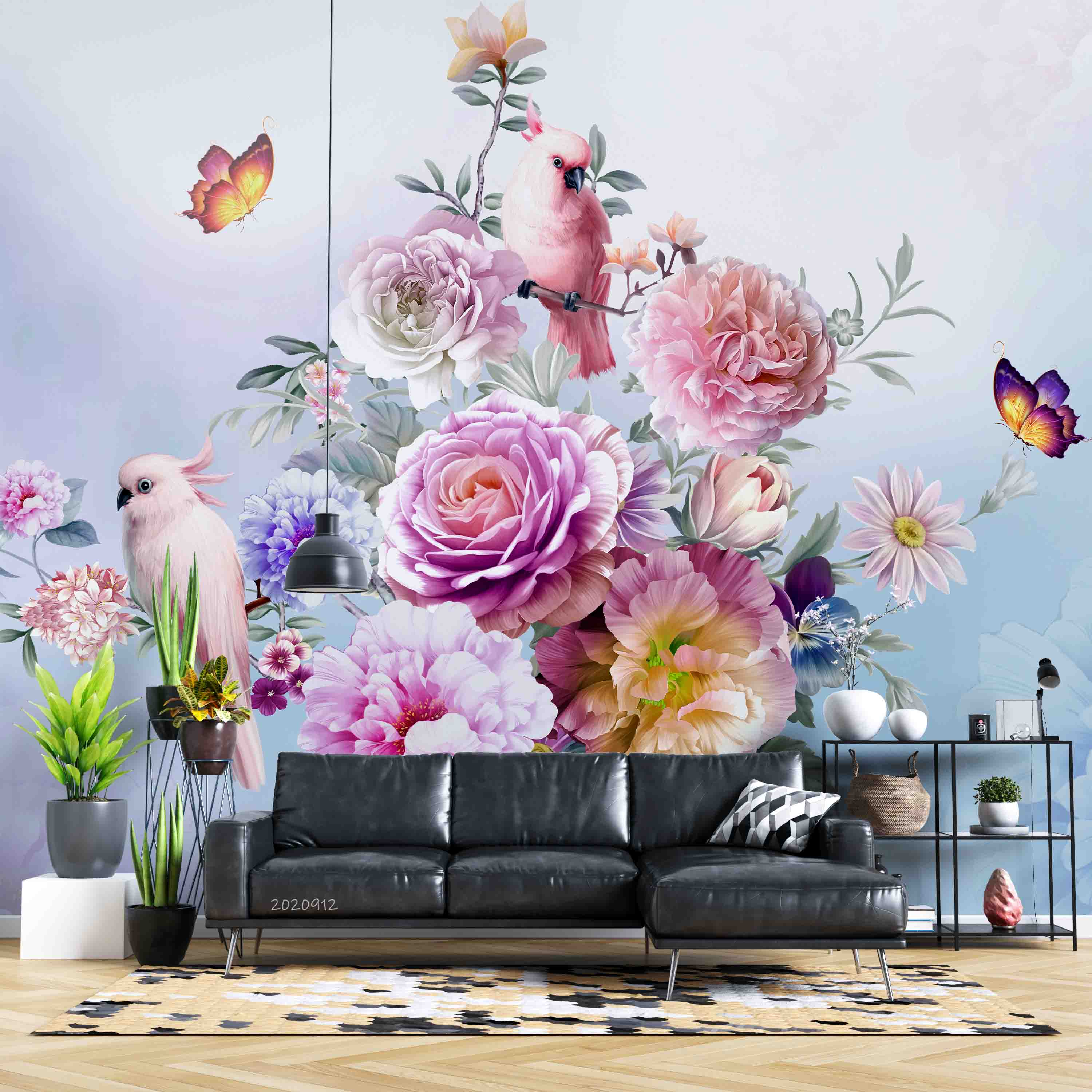 3D Floral Butterfly Parrot  Rose Wall Mural Wallpaper YXL 2630