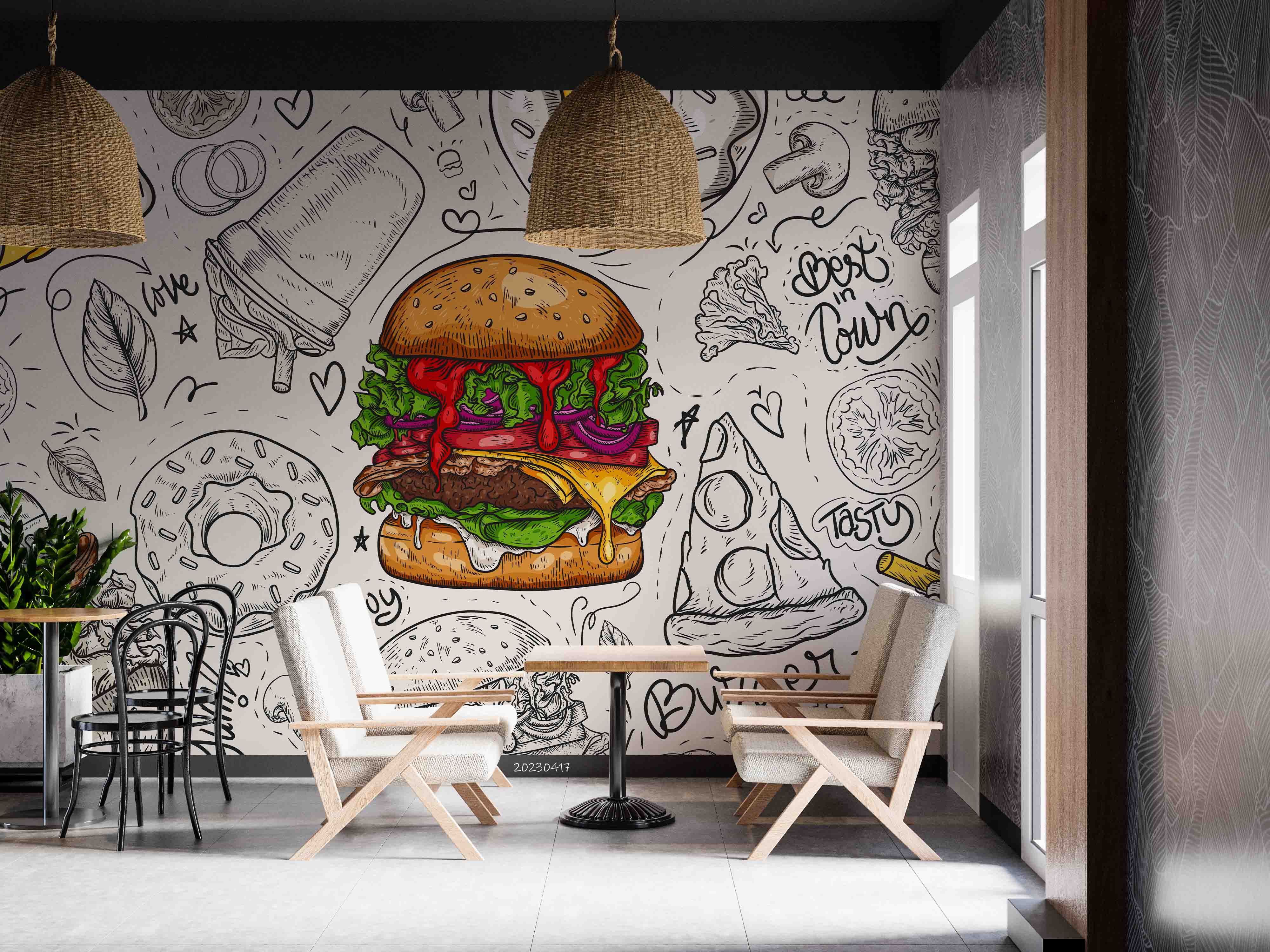 3D Fast Food Background Linear Graphic Snacks Collection Wall Mural Wallpaper GD 5495- Jess Art Decoration
