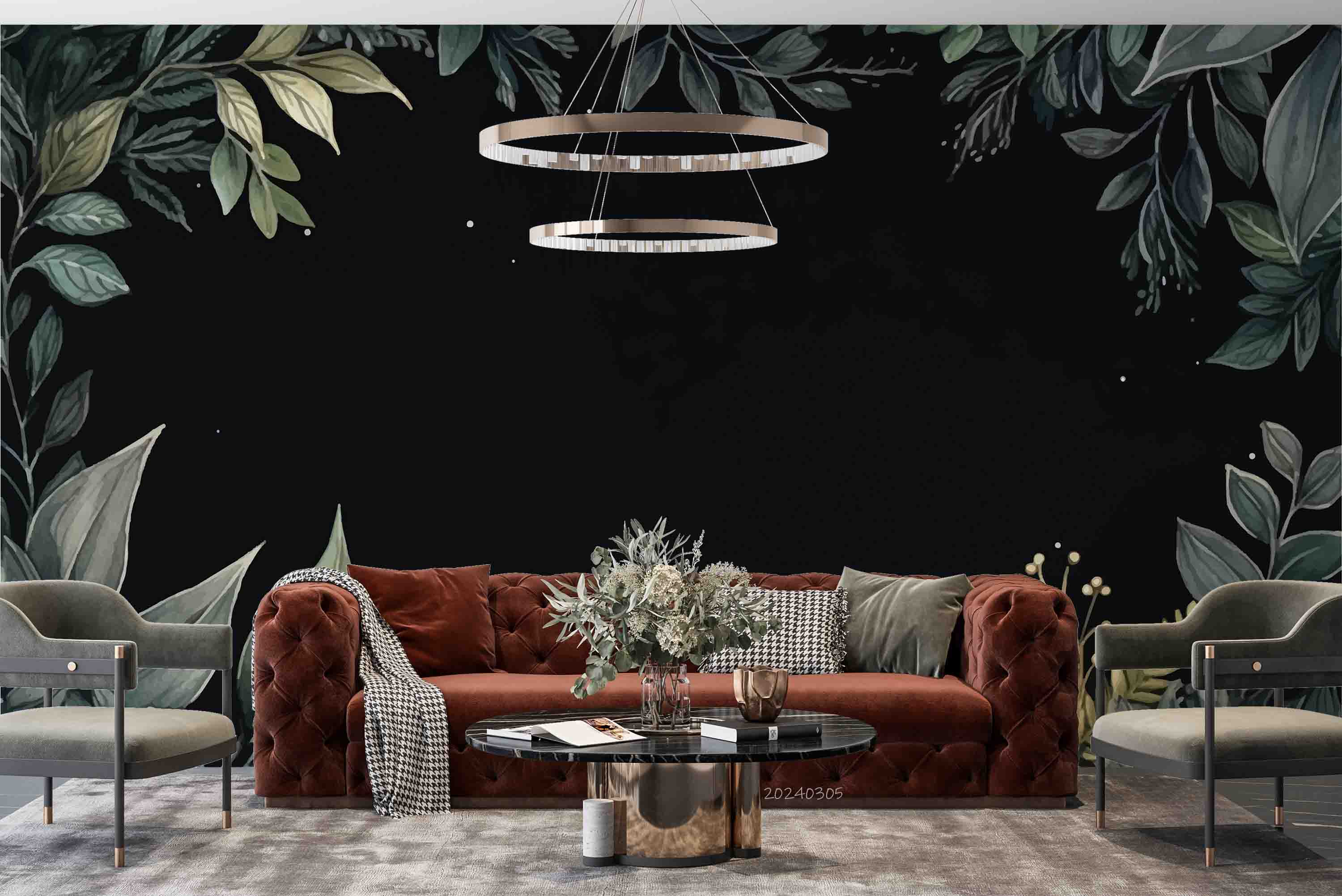 3D Green Leaves Dark Background Wallpaper Wall Mural Wall Decor Wall Art Wall Sticker Remoable Wallpaper