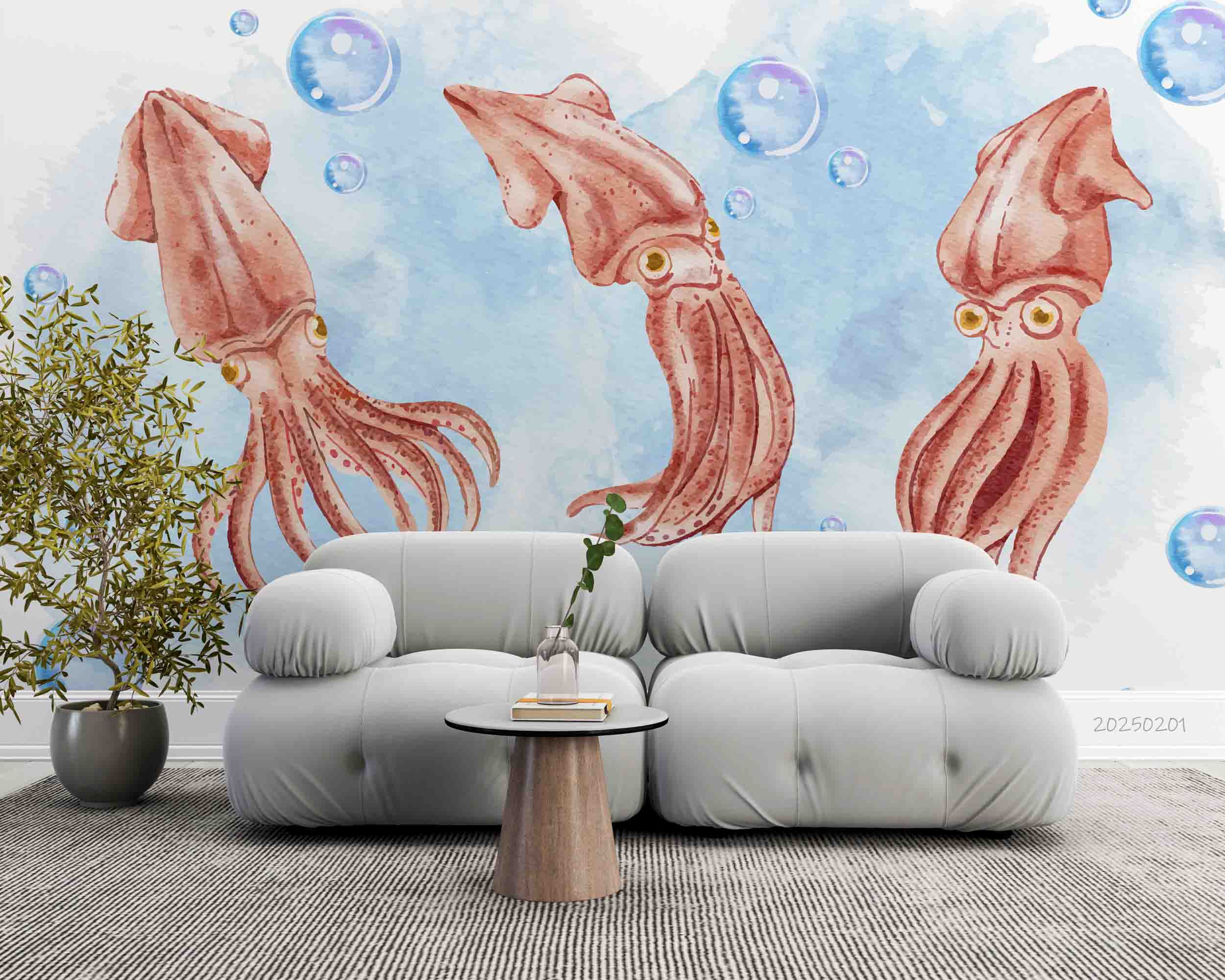 3D Watercolor Blue Ocean Octopus Wallpaper Wall Mural Wall Decor Wall Art Wall Sticker Remoable Wallpaper LQH 71