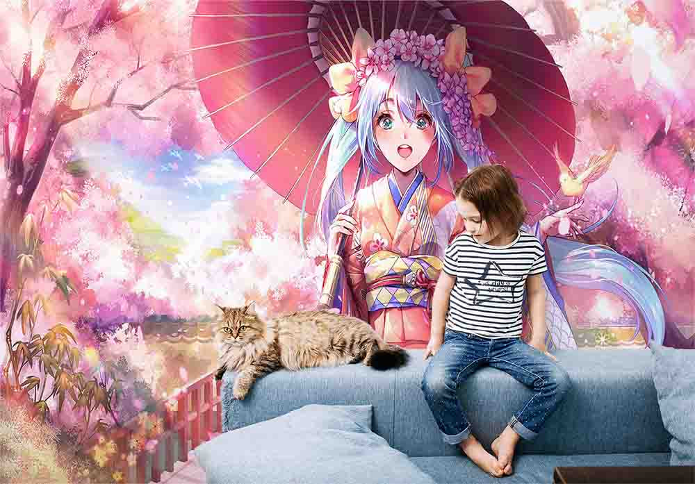 3D Cartoon Tree Umbrella Person Sky Cloud Wall Mural Wallpaper YXL 2636